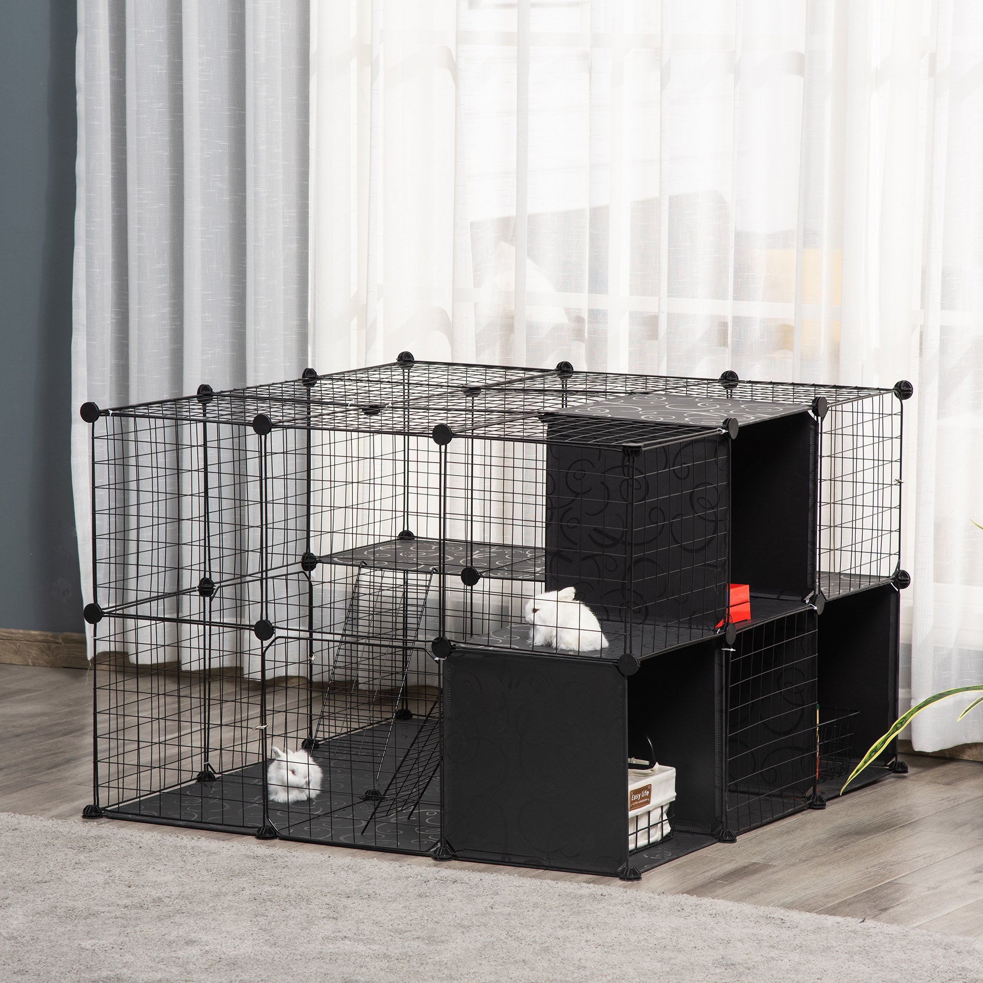 PawHut Small Animal Cage, 56 Panels Rabbit Cage Puppy Playpen with Anti-Slip Mats, Ramps, Pet Playpen for Rabbit, Chinchilla, Hedgehog, Black