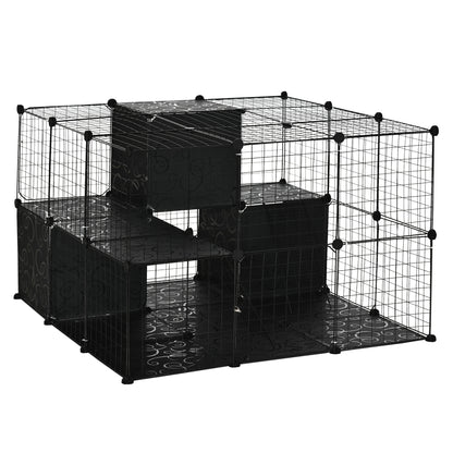 PawHut Small Animal Cage, 56 Panels Rabbit Cage Puppy Playpen with Anti-Slip Mats, Ramps, Pet Playpen for Rabbit, Chinchilla, Hedgehog, Black
