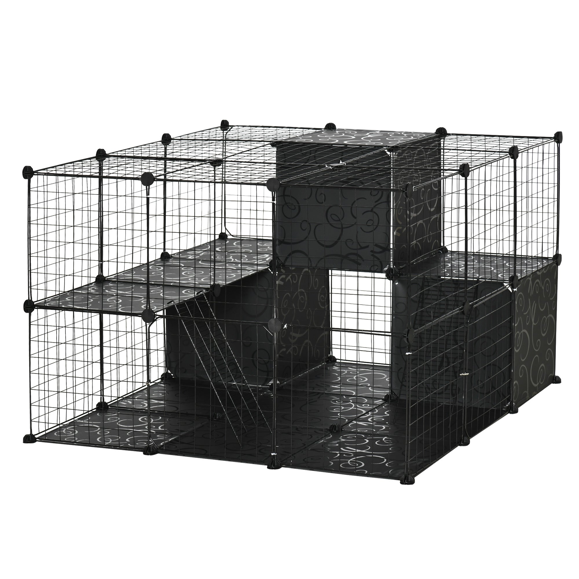 PawHut Small Animal Cage, 56 Panels Rabbit Cage Puppy Playpen with Anti-Slip Mats, Ramps, Pet Playpen for Rabbit, Chinchilla, Hedgehog, Black