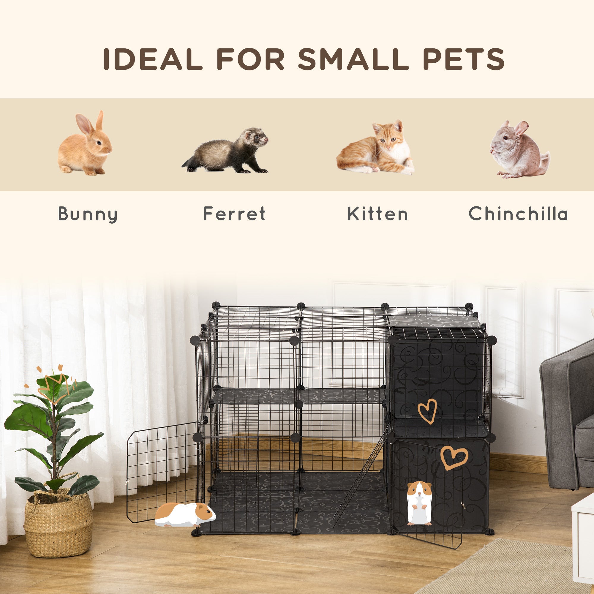 PawHut Small Animal Cage, 56 Panels Rabbit Cage Puppy Playpen with Anti-Slip Mats, Ramps, Pet Playpen for Rabbit, Chinchilla, Hedgehog, Black