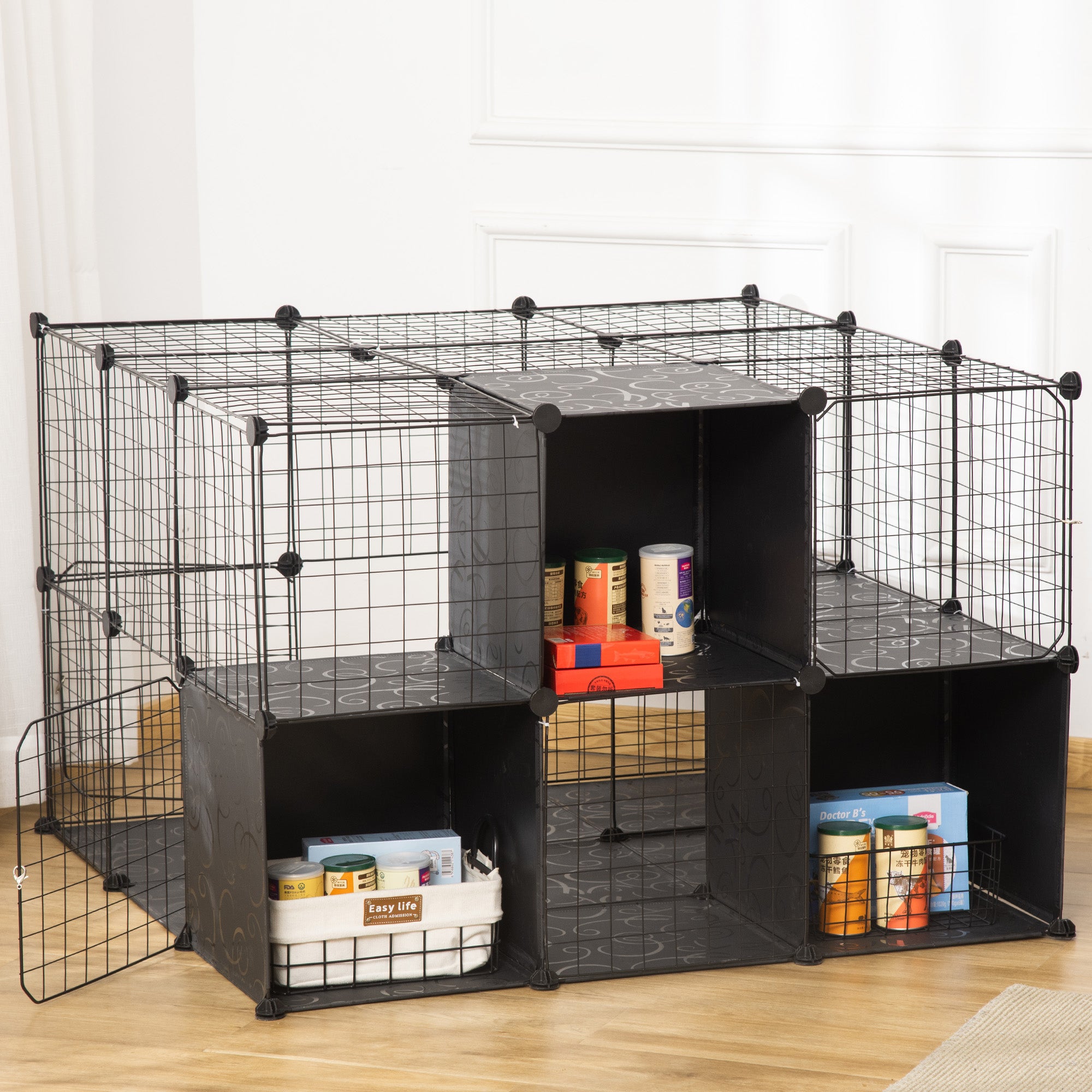 PawHut Small Animal Cage, 56 Panels Rabbit Cage Puppy Playpen with Anti-Slip Mats, Ramps, Pet Playpen for Rabbit, Chinchilla, Hedgehog, Black