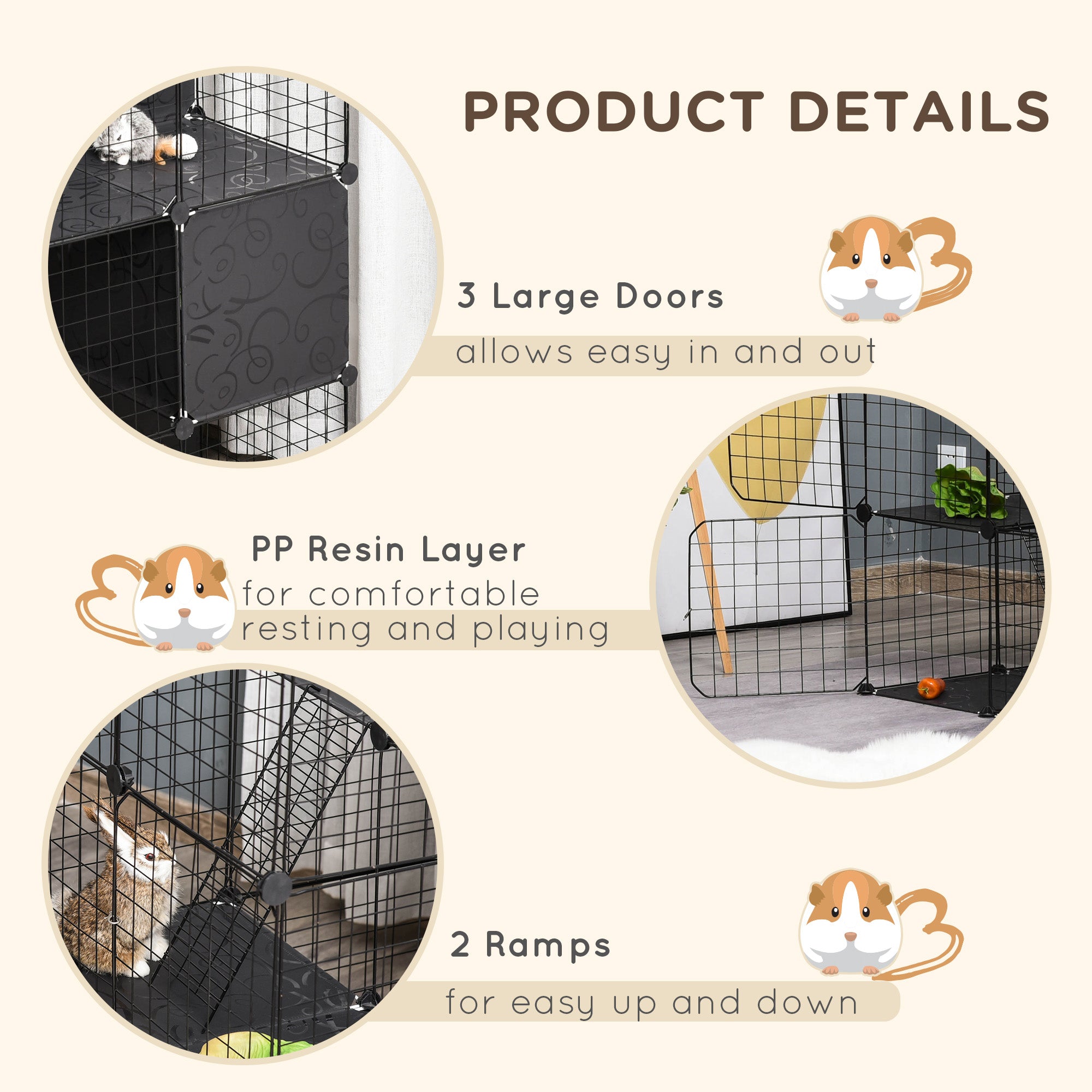 PawHut Small Animal Cage, 56 Panels Rabbit Cage Puppy Playpen with Anti-Slip Mats, Ramps, Pet Playpen for Rabbit, Chinchilla, Hedgehog, Black