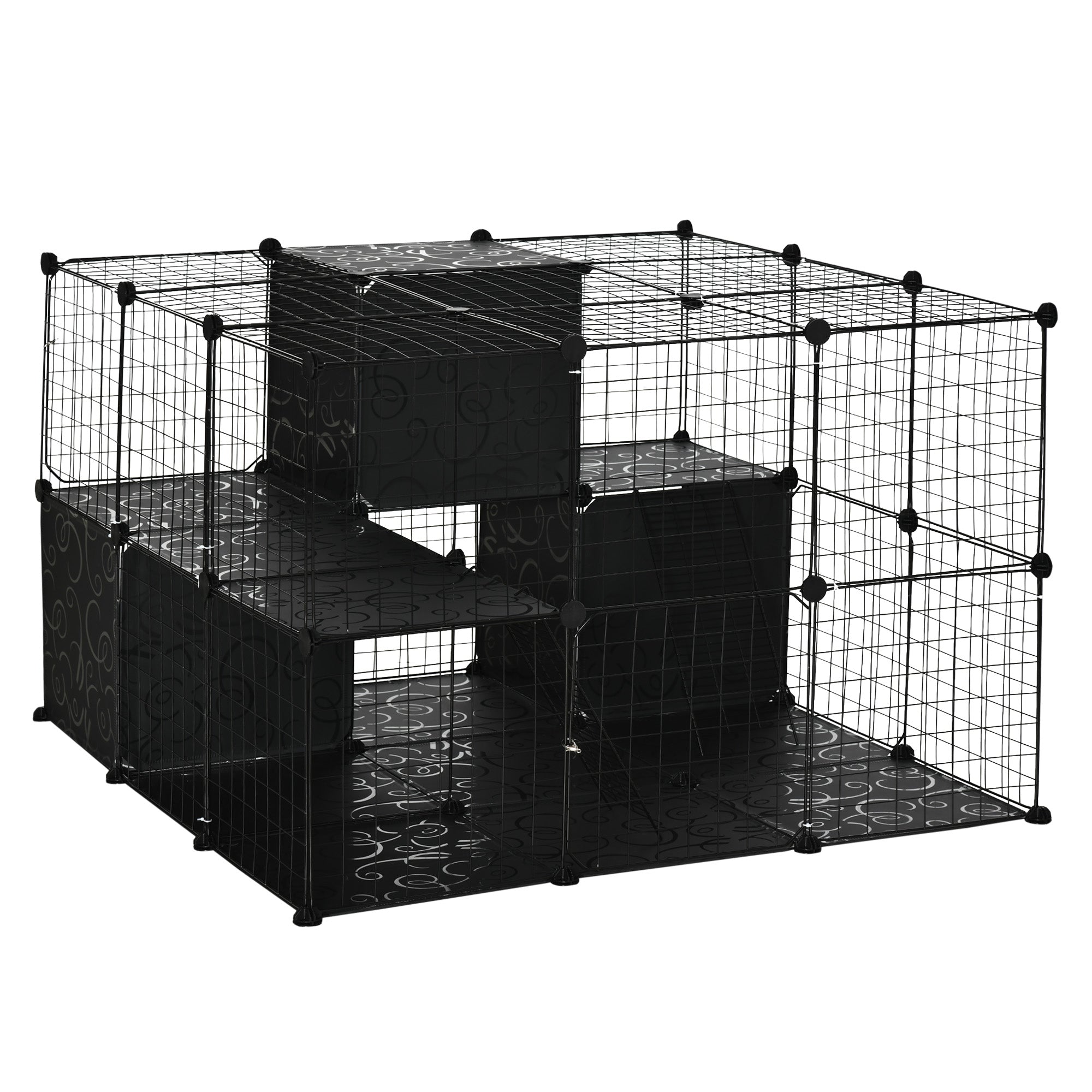 PawHut Small Animal Cage, 56 Panels Rabbit Cage Puppy Playpen with Anti-Slip Mats, Ramps, Pet Playpen for Rabbit, Chinchilla, Hedgehog, Black
