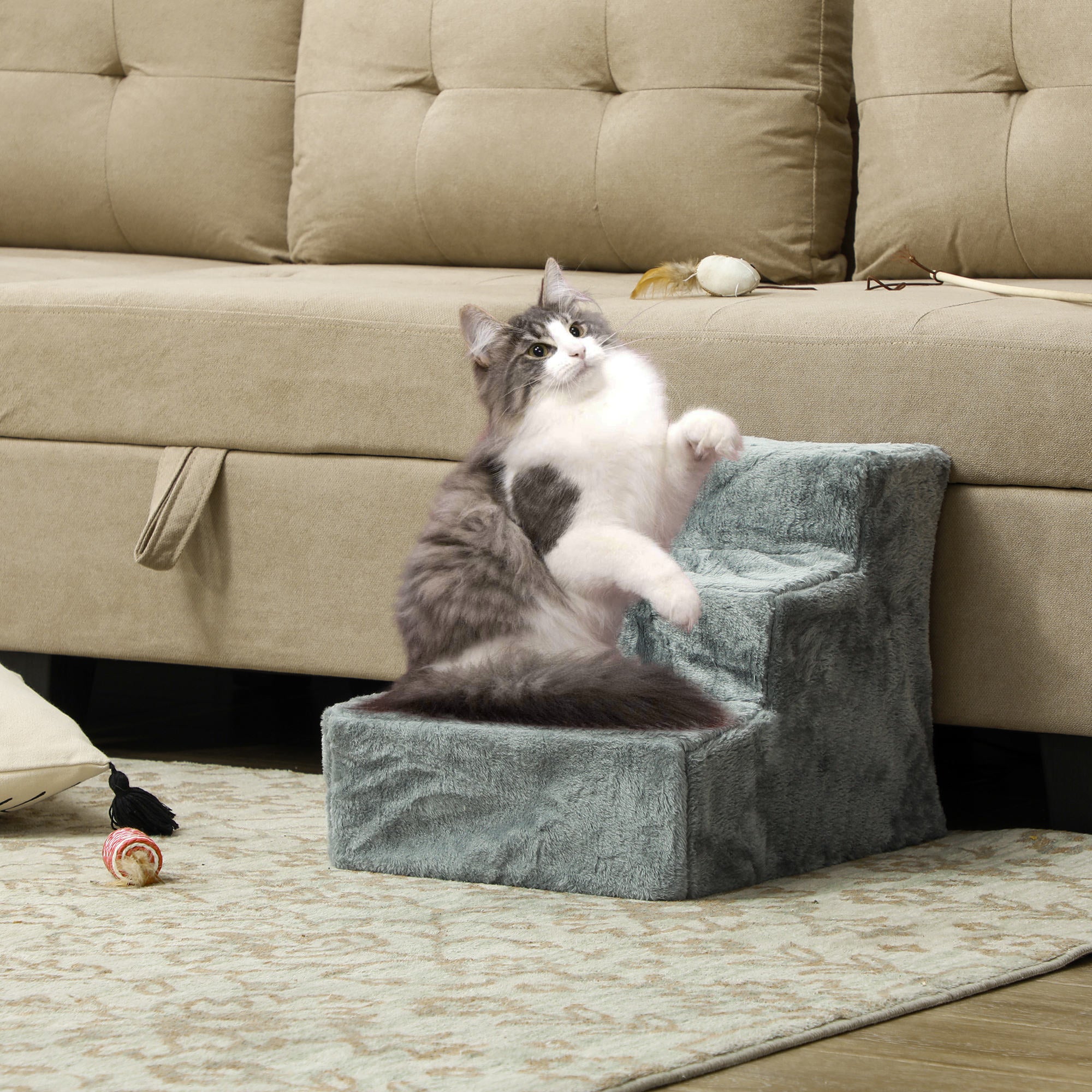 PawHut Dog Steps for Sofa, 3 Steps Dog Stairs, Pet Stairs, with Washable Plush Cover, for Small Breeds, Cats - Light Grey