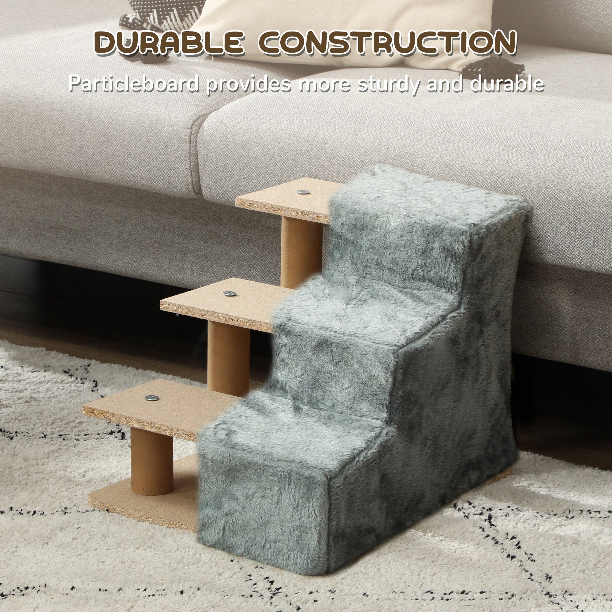 PawHut Dog Steps for Sofa, 3 Steps Dog Stairs, Pet Stairs, with Washable Plush Cover, for Small Breeds, Cats - Light Grey