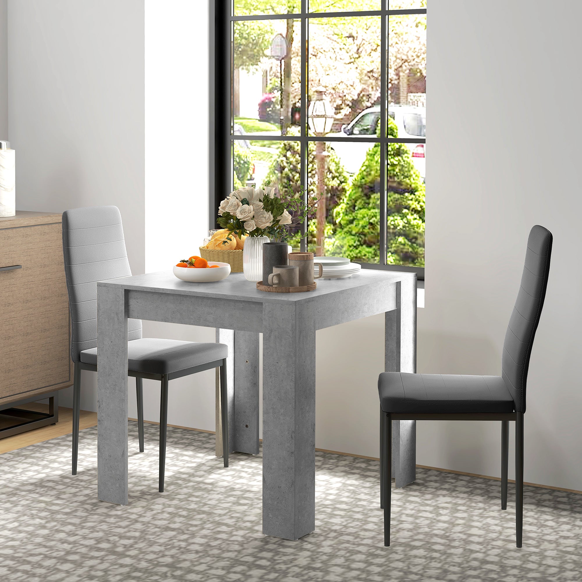 HOMCOM Dining Table Set for 2, 3 Piece Kitchen Table and Chairs with Steel Legs and High Back, Space-Saving Square Table and Upholstered Chairs for Small Spaces, Grey