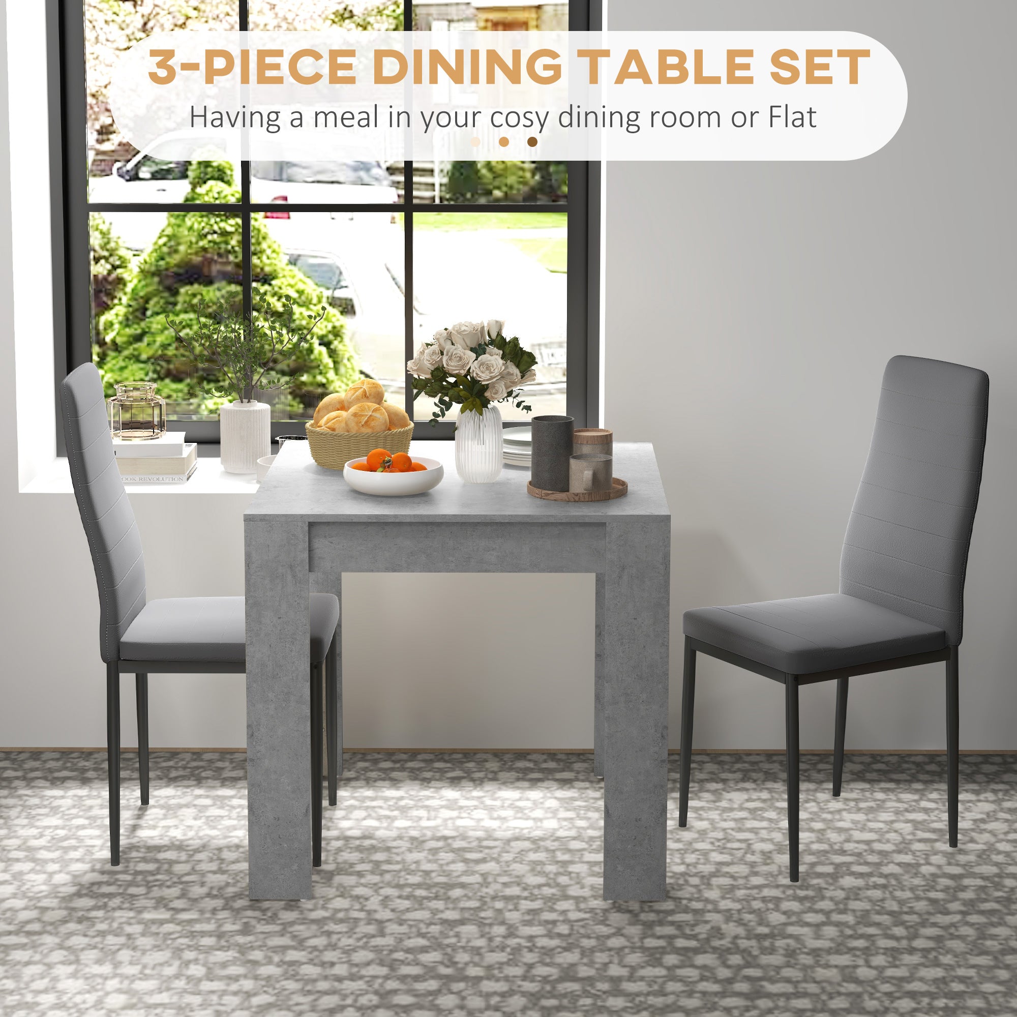 HOMCOM Dining Table Set for 2, 3 Piece Kitchen Table and Chairs with Steel Legs and High Back, Space-Saving Square Table and Upholstered Chairs for Small Spaces, Grey