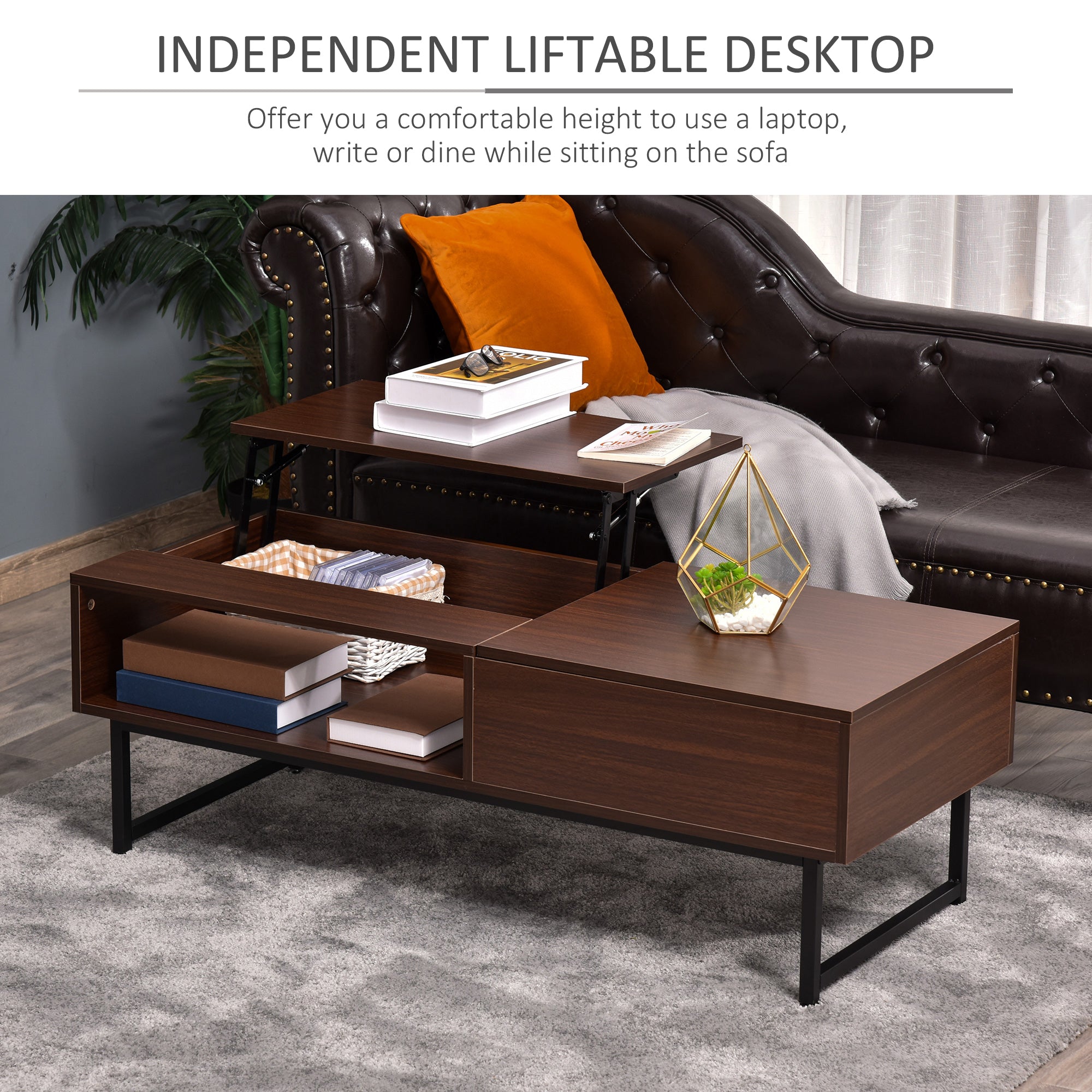 HOMCOM Modern Lift Top Coffee Table with Hidden Storage Compartment and Metal Frame, Center Table for Living Room, Brown