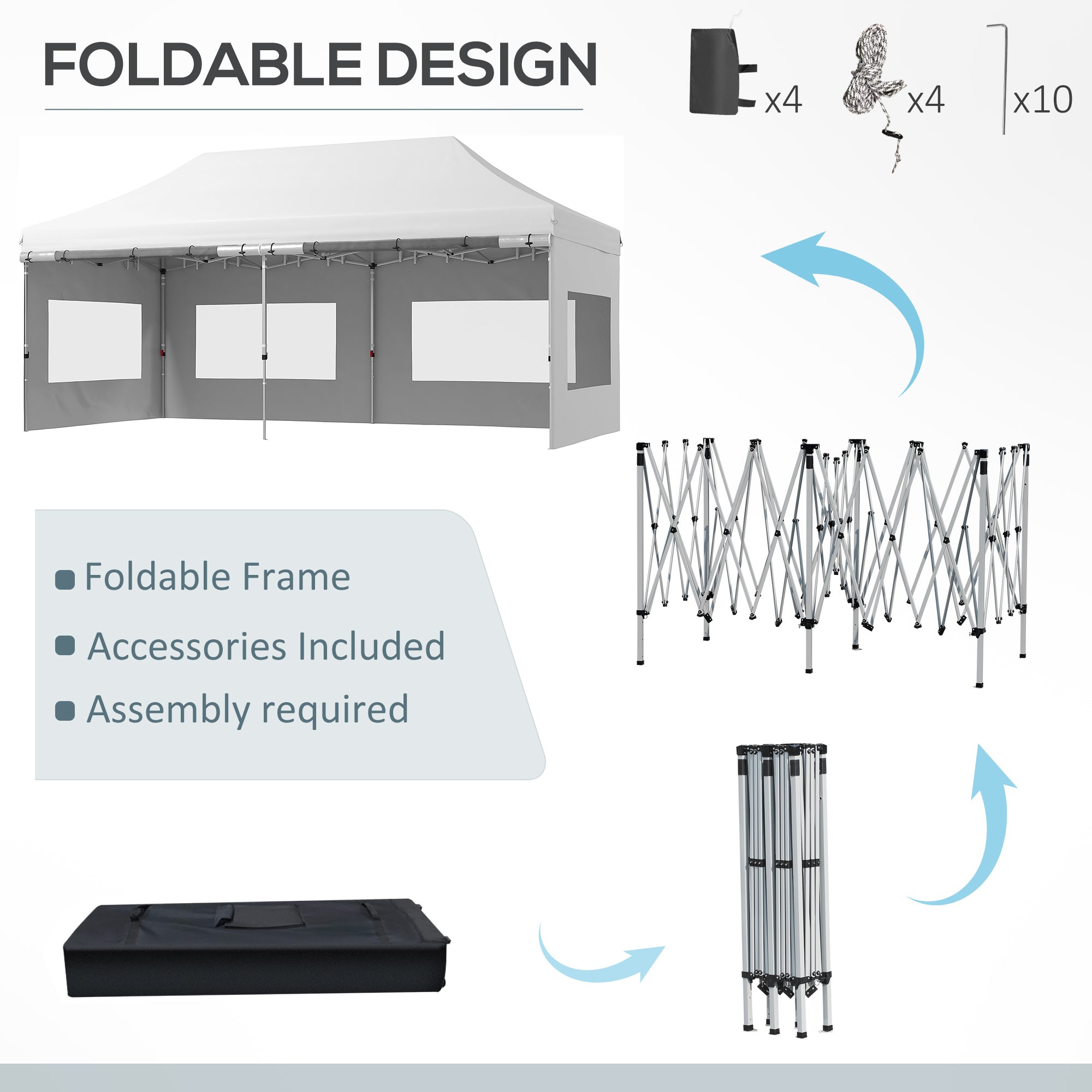 Outsunny 20' x 10' Pop Up Canopy Tent Instant Folding Shelter Gazebo with Removable Sidewalls, 6 Windows, 4 Sand Weights Bags and Carrying Bag, White
