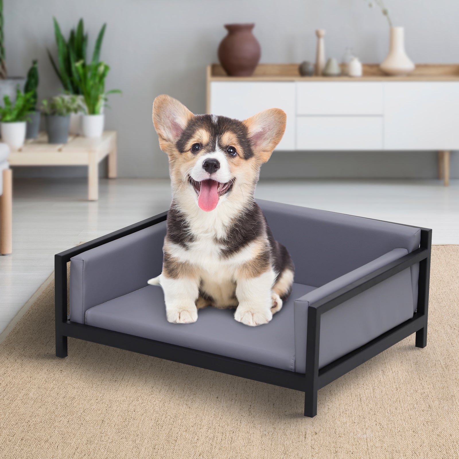 PawHut Deluxe PU Pet Sofa Couch Soft Dog Puppy Cat Sleep Bed Metal Frame Grey 64L x 52W x 27.5H cm