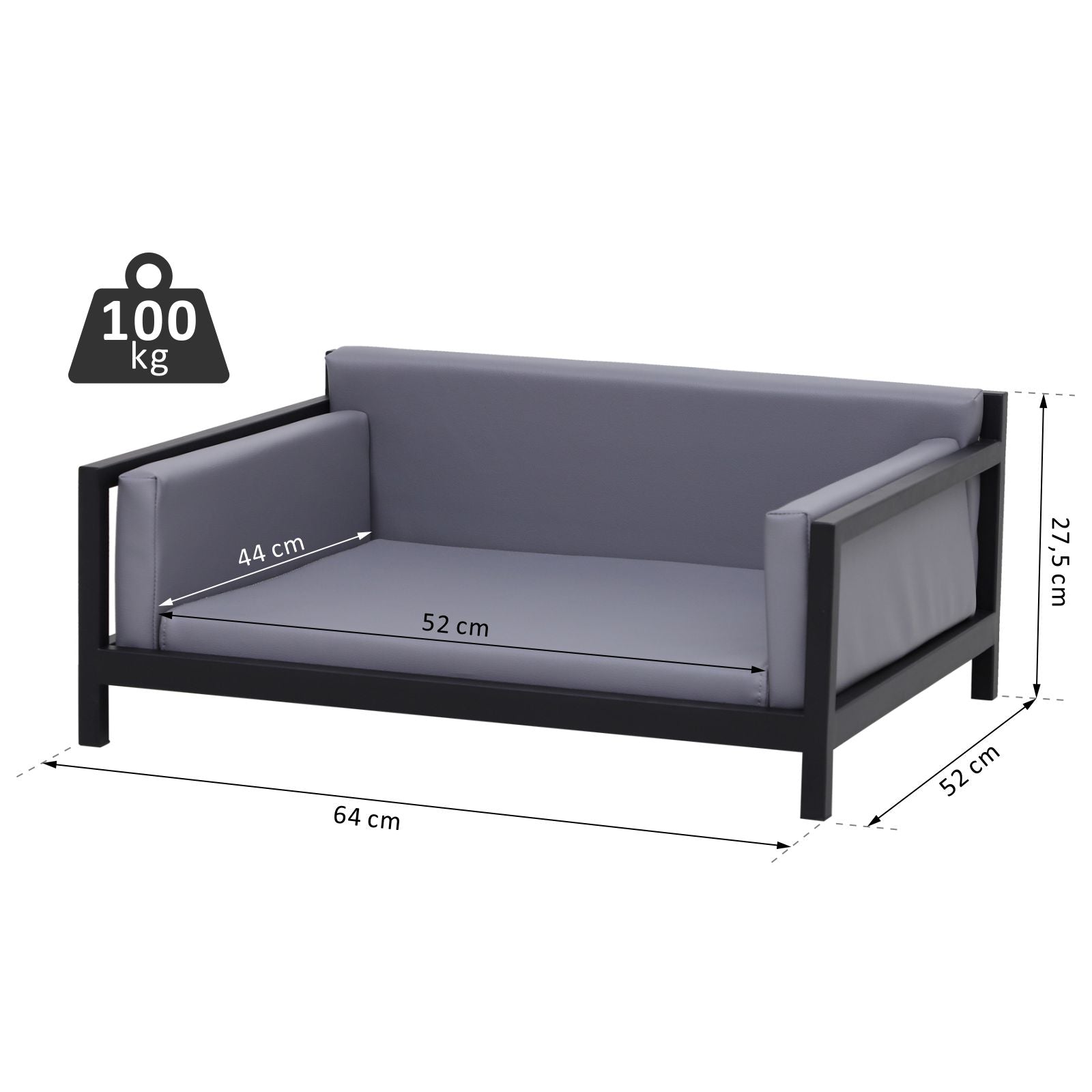 PawHut Deluxe PU Pet Sofa Couch Soft Dog Puppy Cat Sleep Bed Metal Frame Grey 64L x 52W x 27.5H cm