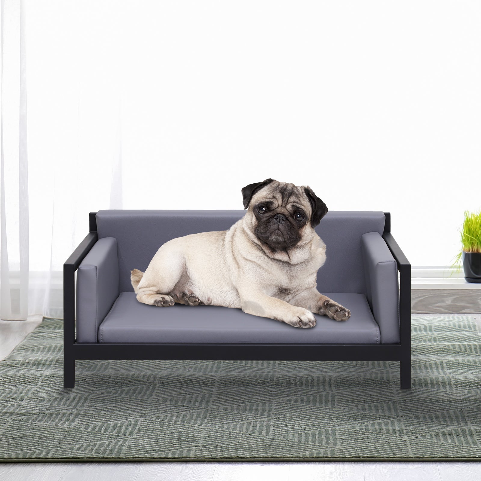 PawHut Deluxe PU Pet Sofa Couch Soft Dog Puppy Cat Sleep Bed Metal Frame Grey 64L x 52W x 27.5H cm