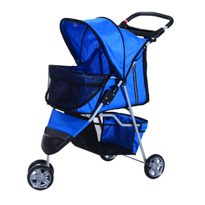 PawHut Cat Stroller, 3 Wheels Foldable Dog Stroller with Storage Basket, Brake, Adjustable Canopy, Cupholders, Pet Stroller for Miniature and Small Dogs Travel, Blue