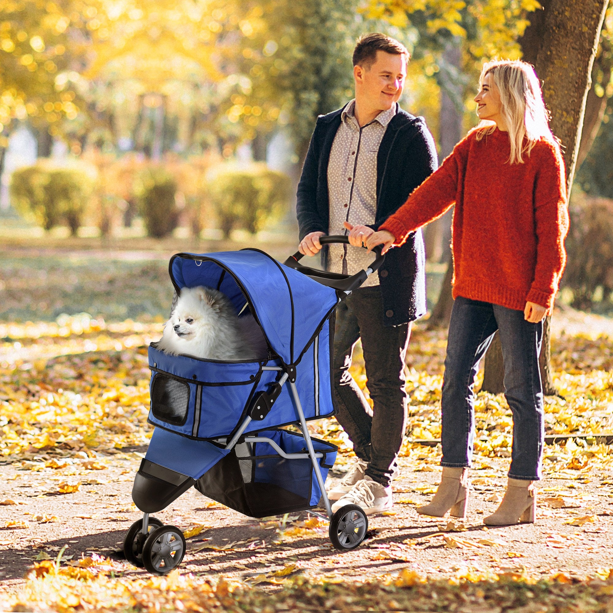 PawHut Cat Stroller, 3 Wheels Foldable Dog Stroller with Storage Basket, Brake, Adjustable Canopy, Cupholders, Pet Stroller for Miniature and Small Dogs Travel, Blue