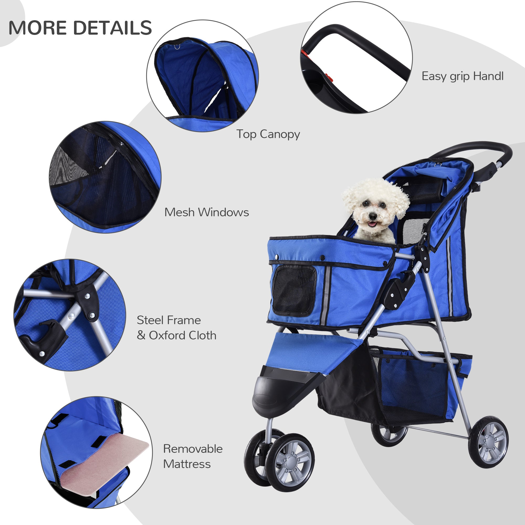 PawHut Cat Stroller, 3 Wheels Foldable Dog Stroller with Storage Basket, Brake, Adjustable Canopy, Cupholders, Pet Stroller for Miniature and Small Dogs Travel, Blue