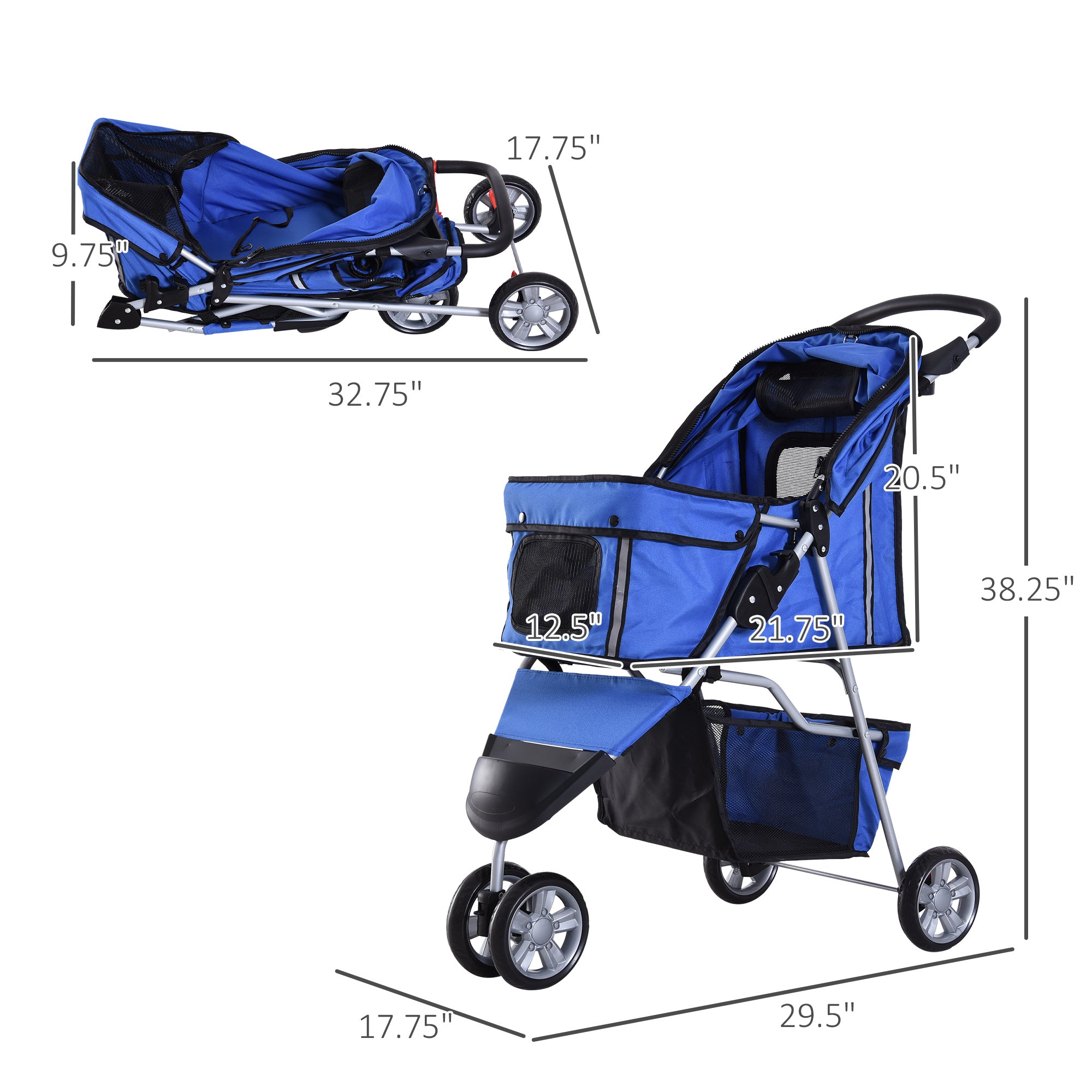 PawHut Cat Stroller, 3 Wheels Foldable Dog Stroller with Storage Basket, Brake, Adjustable Canopy, Cupholders, Pet Stroller for Miniature and Small Dogs Travel, Blue