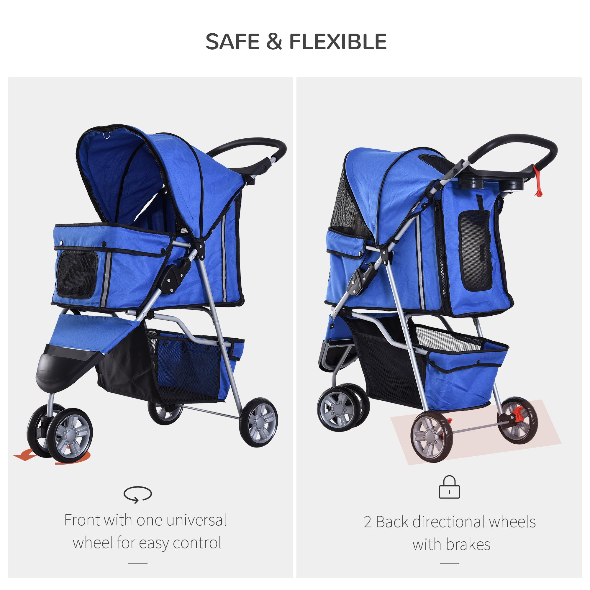 PawHut Cat Stroller, 3 Wheels Foldable Dog Stroller with Storage Basket, Brake, Adjustable Canopy, Cupholders, Pet Stroller for Miniature and Small Dogs Travel, Blue