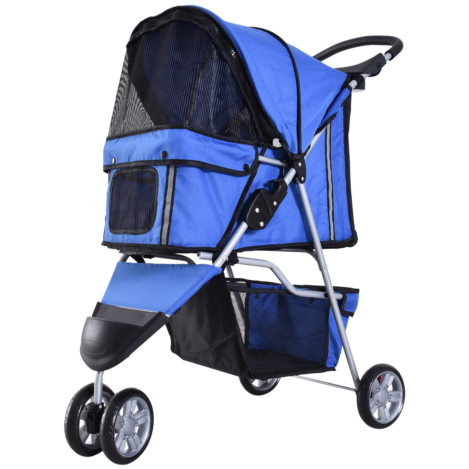 PawHut Dog Stroller, 3 Wheels Foldable Cat Dog Pram with Cup Holder, Storage Basket, Pet Stroller for Small Miniature Dogs, Blue