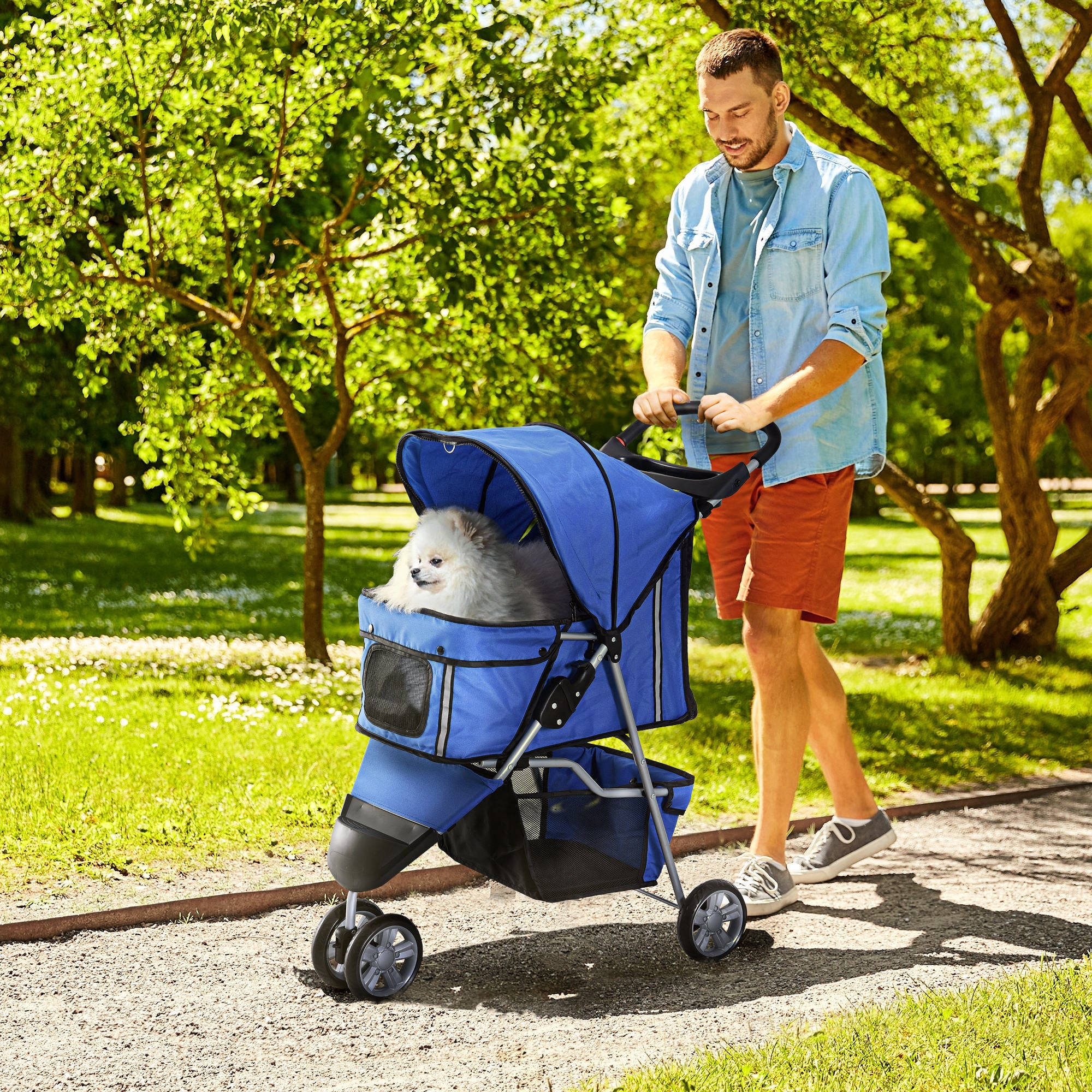 PawHut Cat Stroller, 3 Wheels Foldable Dog Stroller with Storage Basket, Brake, Adjustable Canopy, Cupholders, Pet Stroller for Miniature and Small Dogs Travel, Blue