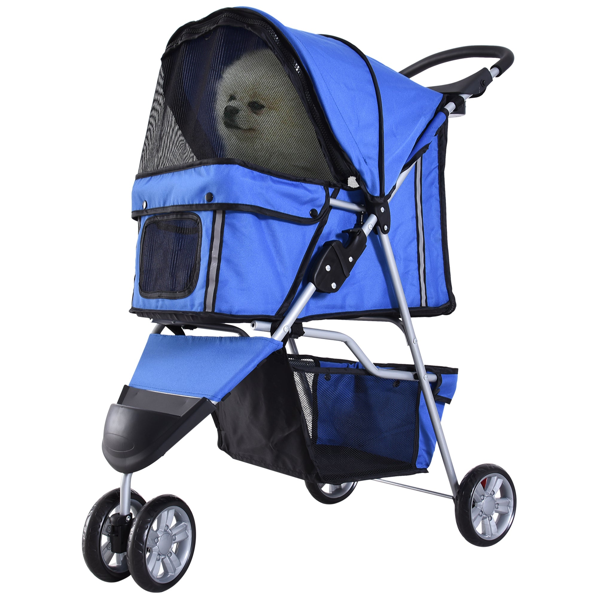 PawHut Cat Stroller, 3 Wheels Foldable Dog Stroller with Storage Basket, Brake, Adjustable Canopy, Cupholders, Pet Stroller for Miniature and Small Dogs Travel, Blue