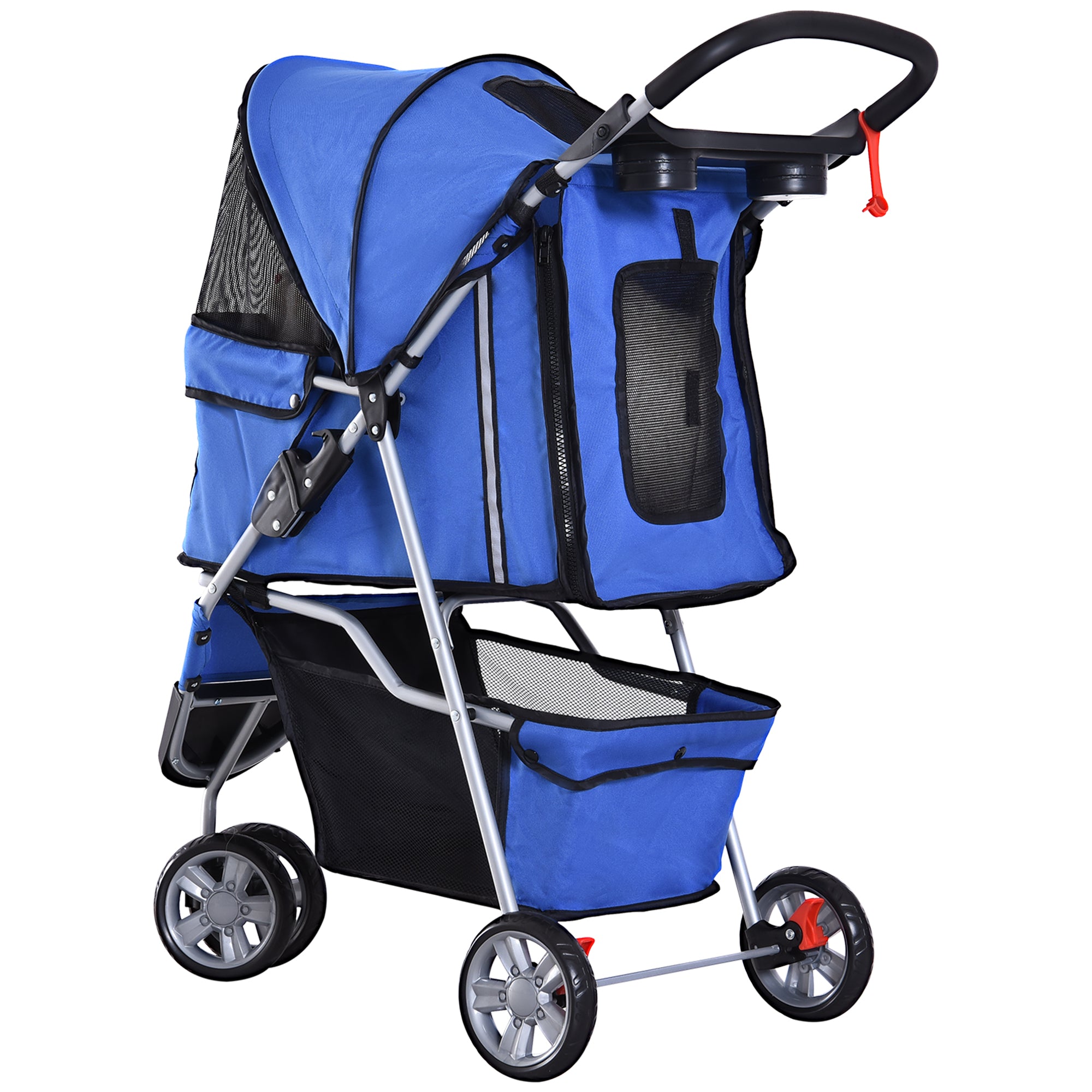 PawHut Cat Stroller, 3 Wheels Foldable Dog Stroller with Storage Basket, Brake, Adjustable Canopy, Cupholders, Pet Stroller for Miniature and Small Dogs Travel, Blue