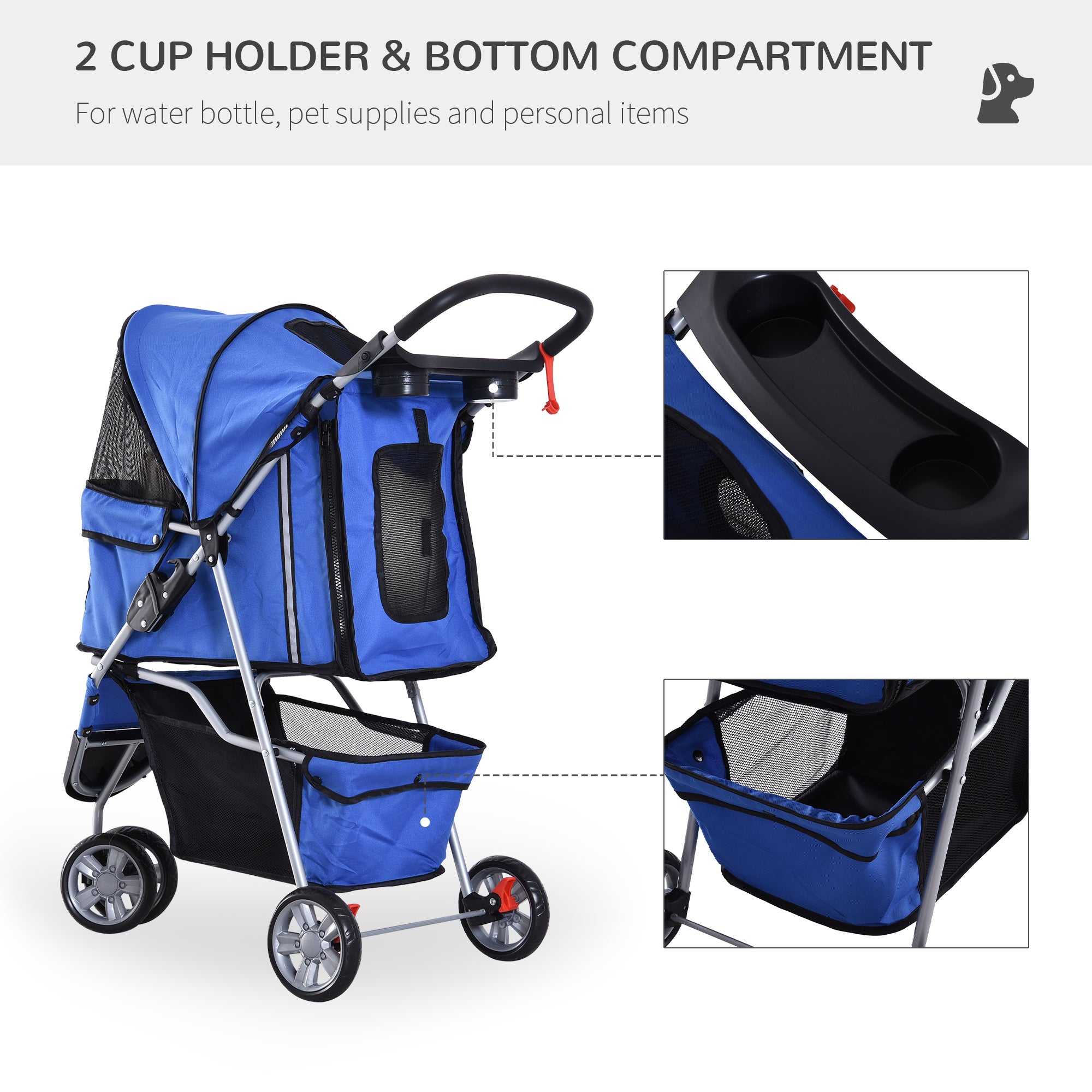 PawHut Cat Stroller, 3 Wheels Foldable Dog Stroller with Storage Basket, Brake, Adjustable Canopy, Cupholders, Pet Stroller for Miniature and Small Dogs Travel, Blue