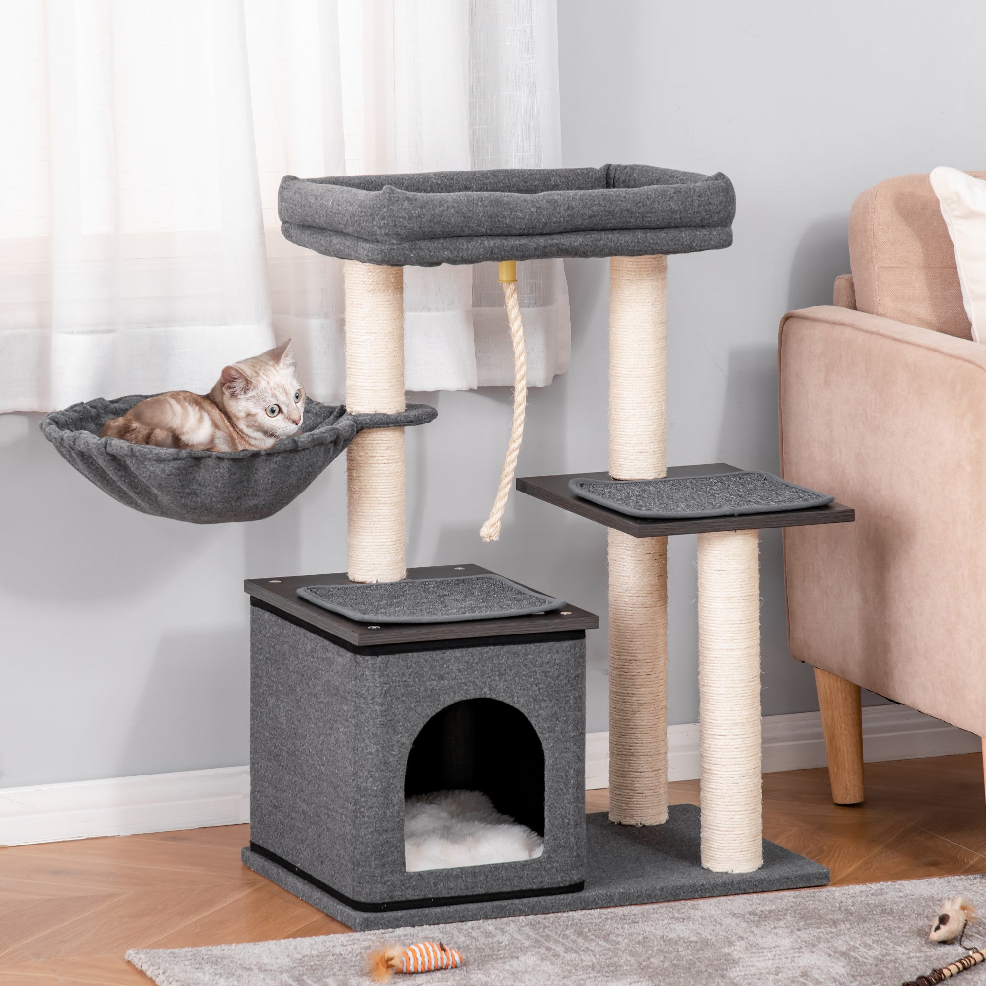 PawHut Cat Tree Tower for Indoor Cats Climbing Activity Center Kitten Furniture with Sisal Scratching Post Bed Condo Perch Teasing Rope 60 x 40 x 83cm Dark Grey