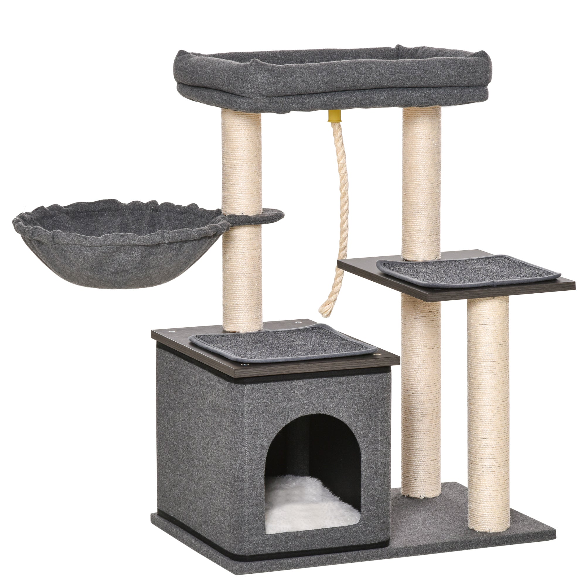 PawHut Cat Tree Tower for Indoor Cats Climbing Activity Center Kitten Furniture with Sisal Scratching Post Bed Condo Perch Teasing Rope 60 x 40 x 83cm Dark Grey