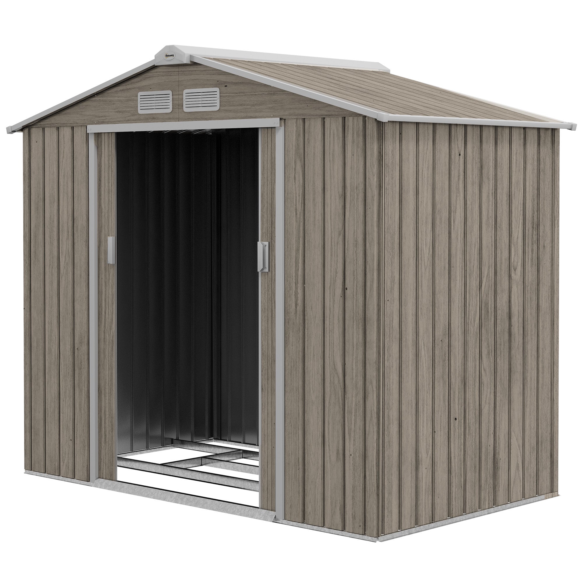 Outsunny 7' x 4' x 6' Garden Storage Shed Outdoor Patio Yard Metal Tool Storage House w/ Steel Foundation Kit and Double Doors, Distressed Light Brown