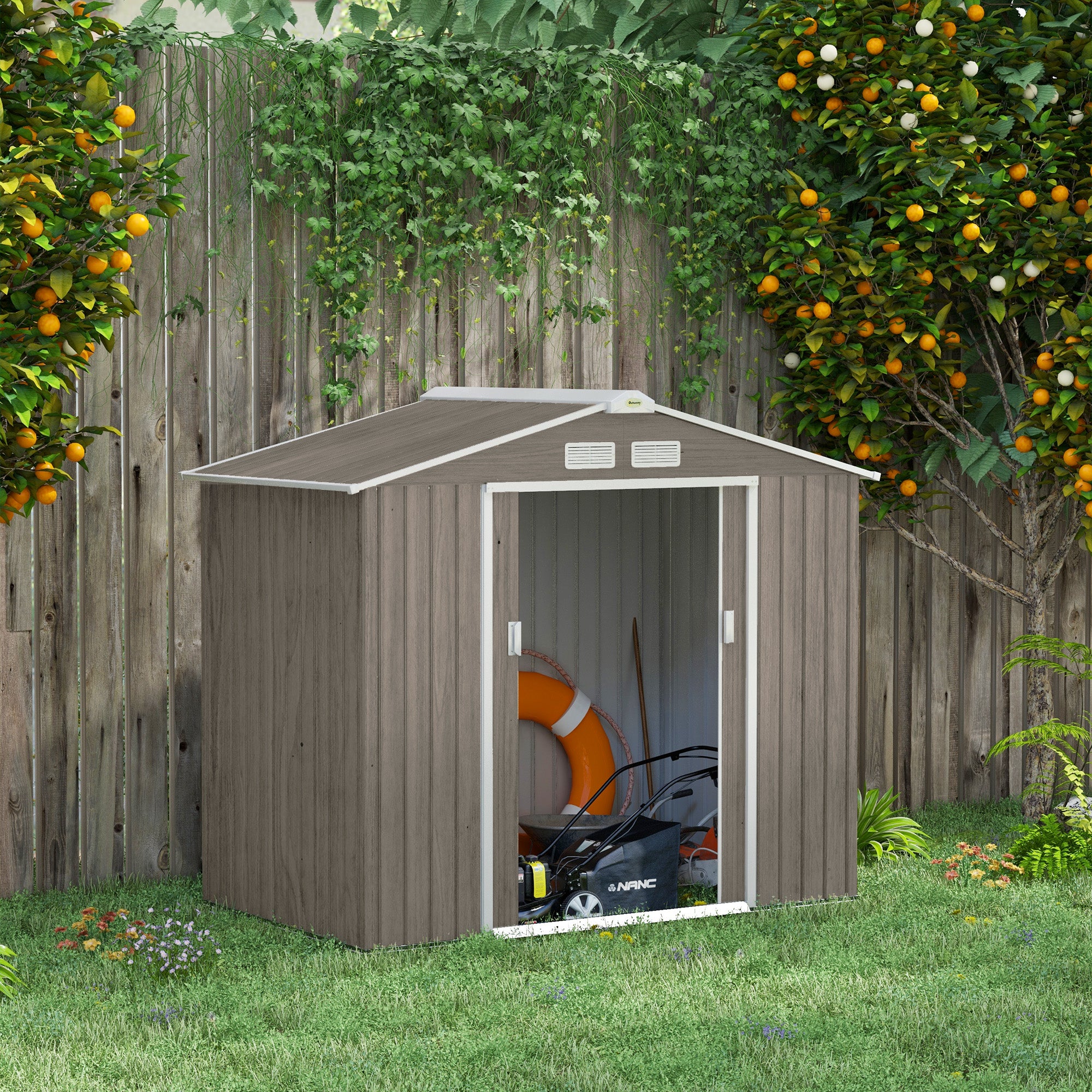 Outsunny 7' x 4' x 6' Garden Storage Shed Outdoor Patio Yard Metal Tool Storage House w/ Steel Foundation Kit and Double Doors, Distressed Light Brown