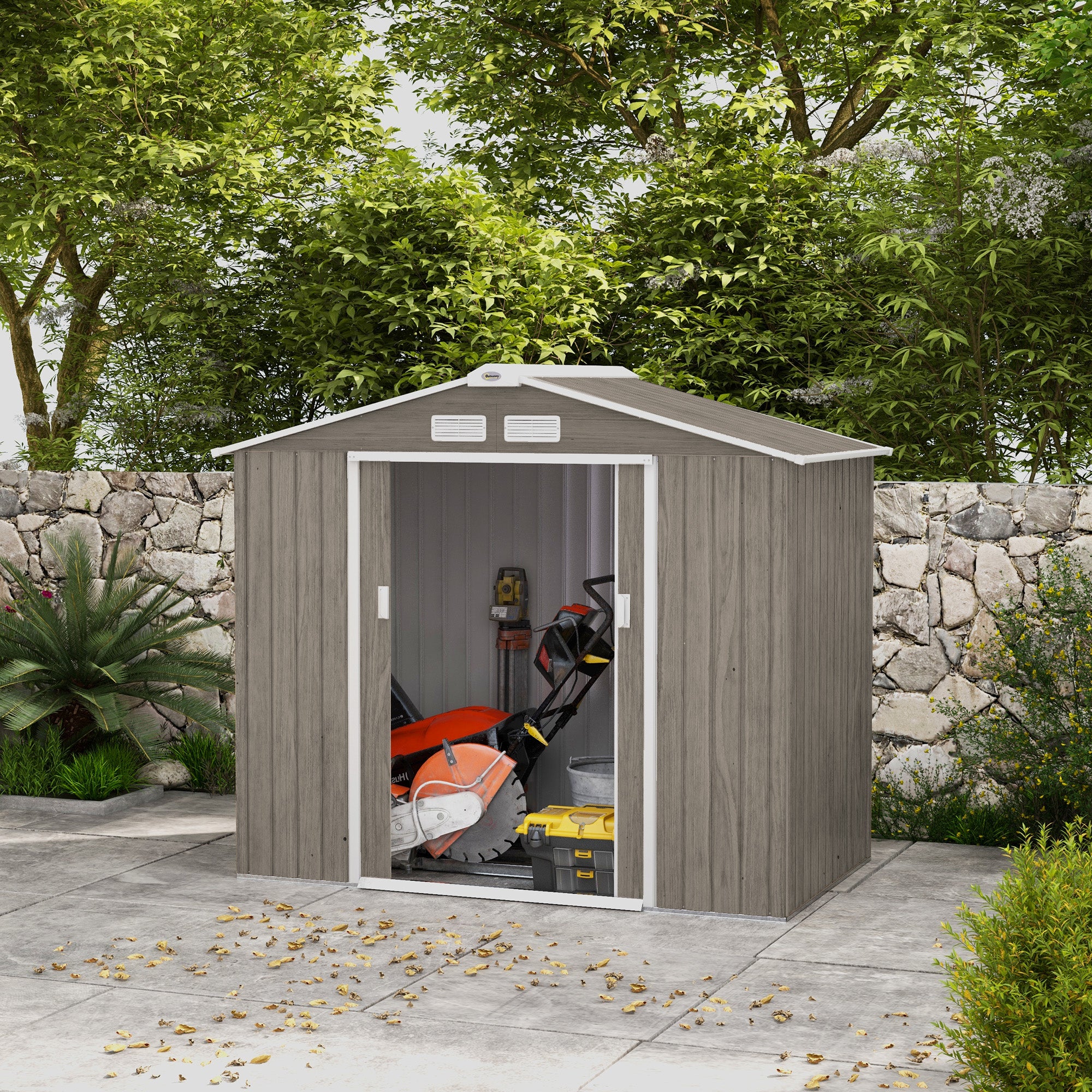 Outsunny 7' x 4' x 6' Garden Storage Shed Outdoor Patio Yard Metal Tool Storage House w/ Steel Foundation Kit and Double Doors, Distressed Light Brown