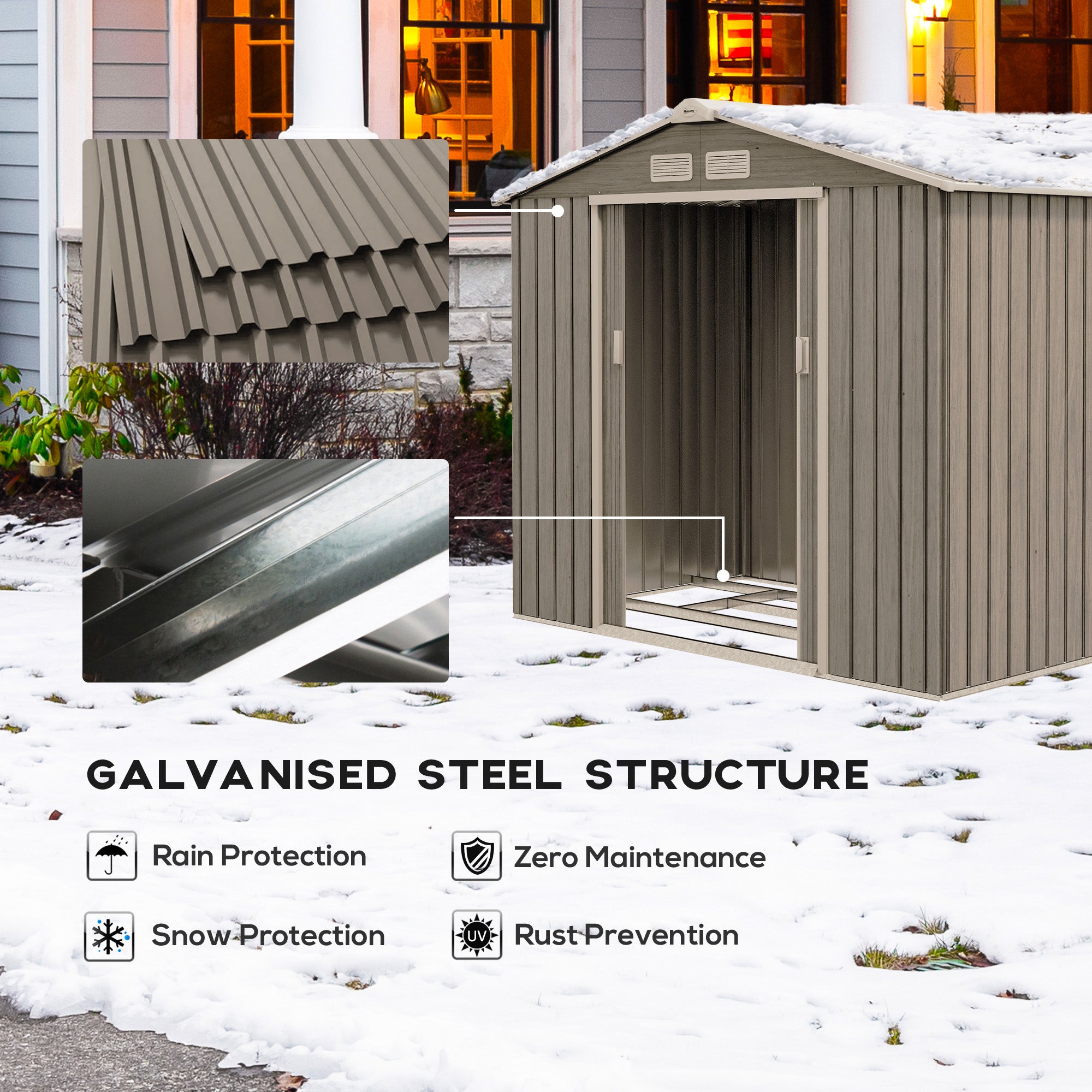 Outsunny 7' x 4' x 6' Garden Storage Shed Outdoor Patio Yard Metal Tool Storage House w/ Steel Foundation Kit and Double Doors, Distressed Light Brown
