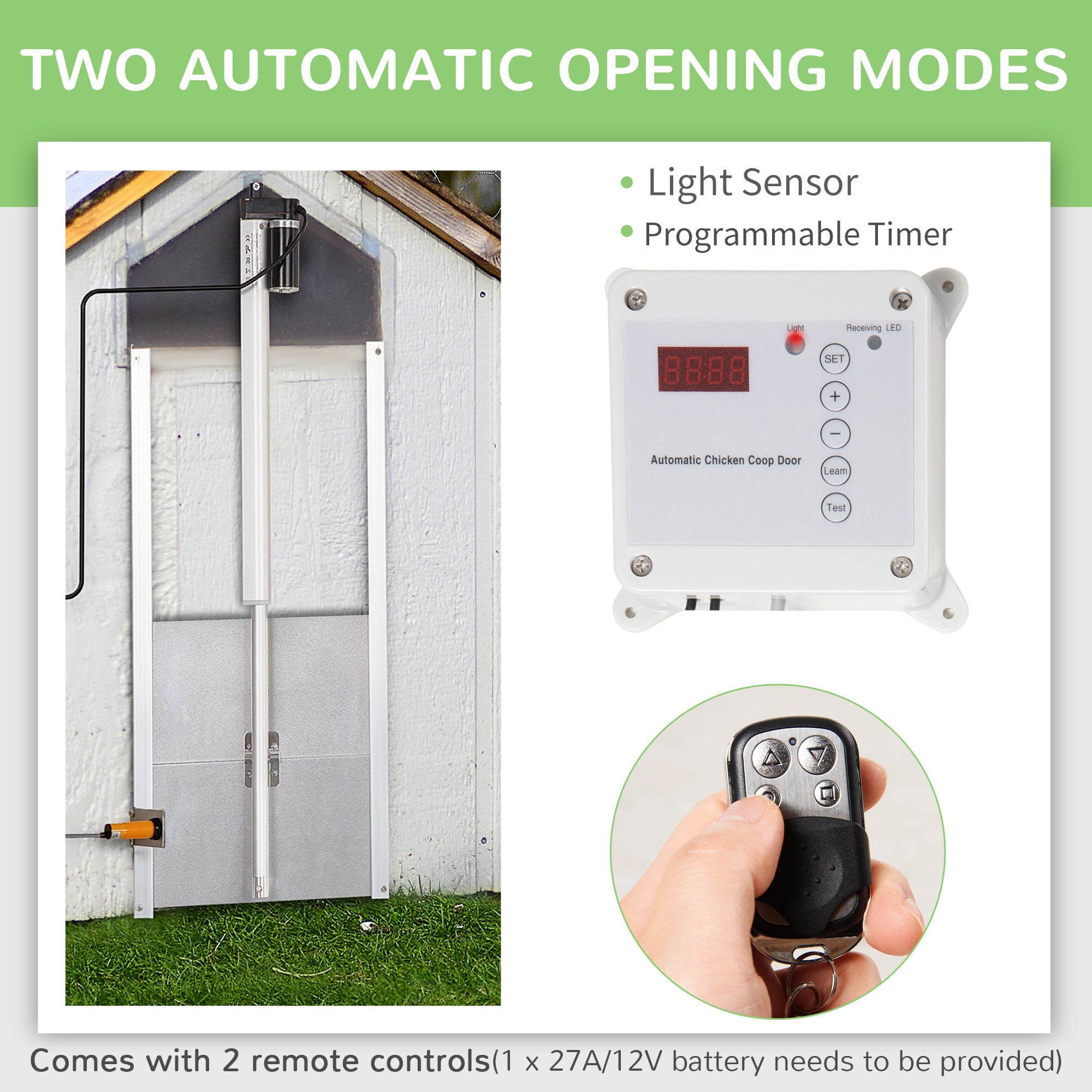 PawHut Automatic Chicken Coop Door Opener with Timer, Light Sensor, Infrared Sensor Safety Mechanism, Aluminum Weatherproof Chicken Door with Remote Controls and 14V DC Power Supply, Silver