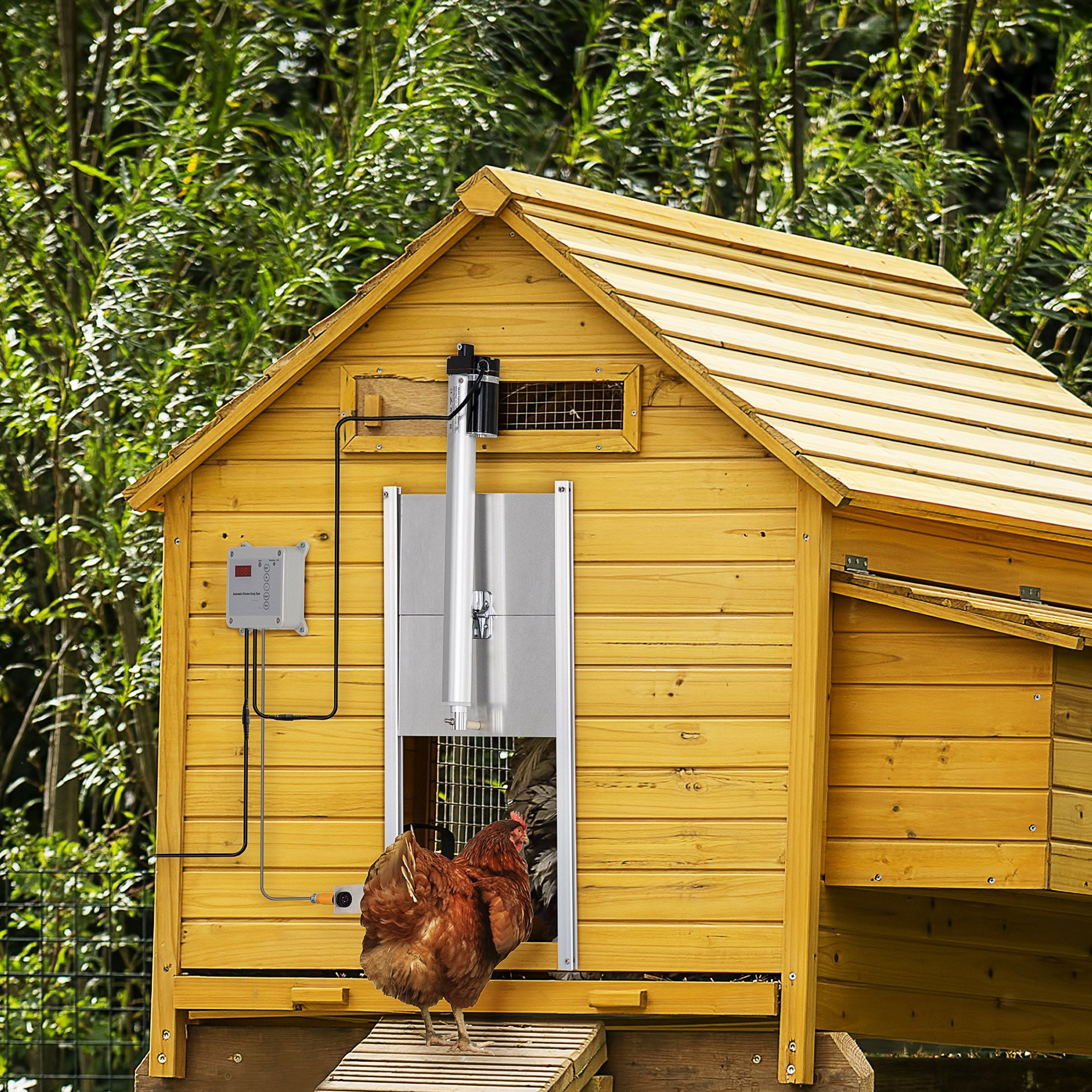 PawHut Automatic Chicken Coop Door Opener with Timer, Light Sensor, Infrared Sensor Safety Mechanism, Aluminum Weatherproof Chicken Door with Remote Controls and 14V DC Power Supply, Silver