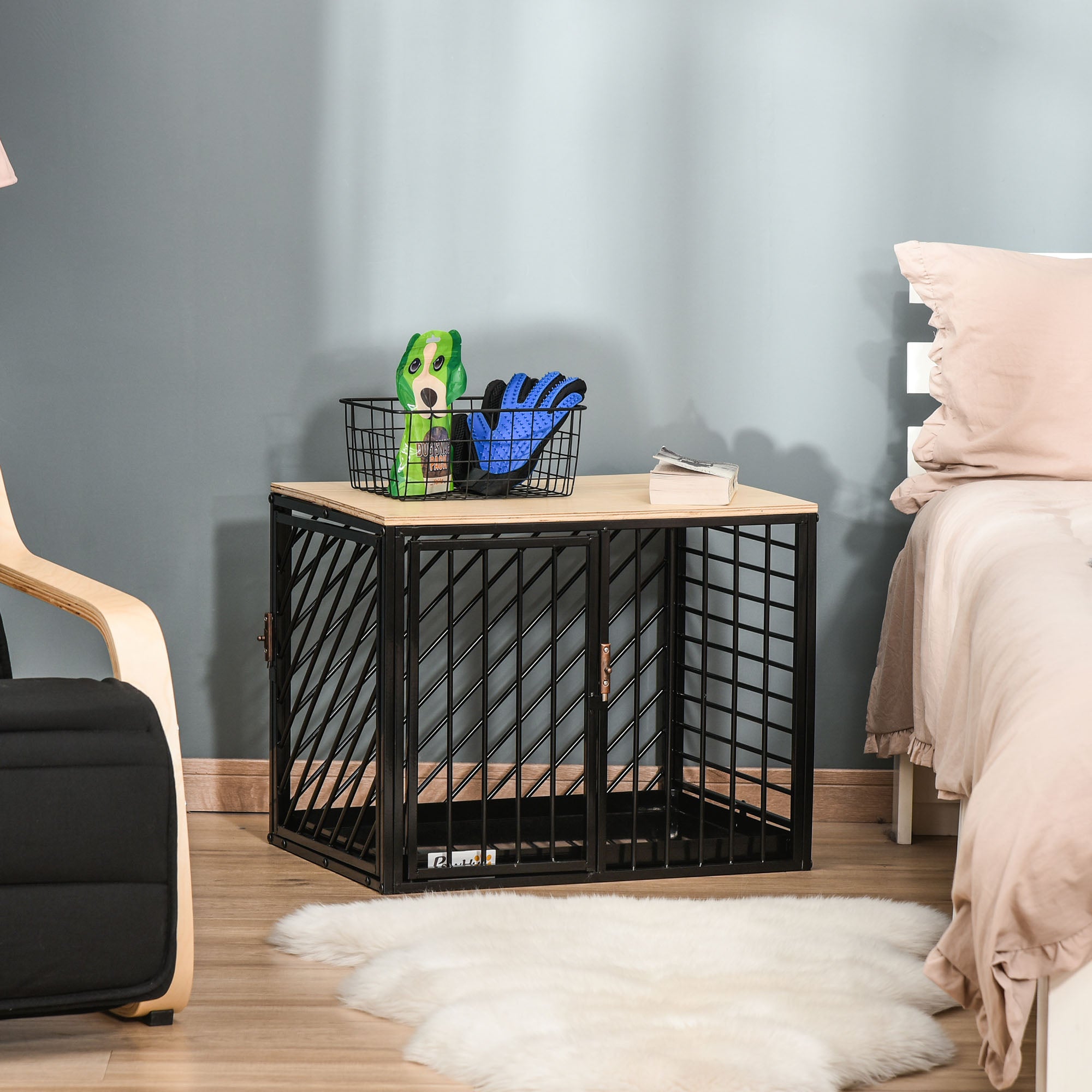PawHut Heavy Duty Steel Dog Crate Mini Small Dog Kennel Two Doors Tray Large Top Pet Cage 61L x 44W x 49H cm