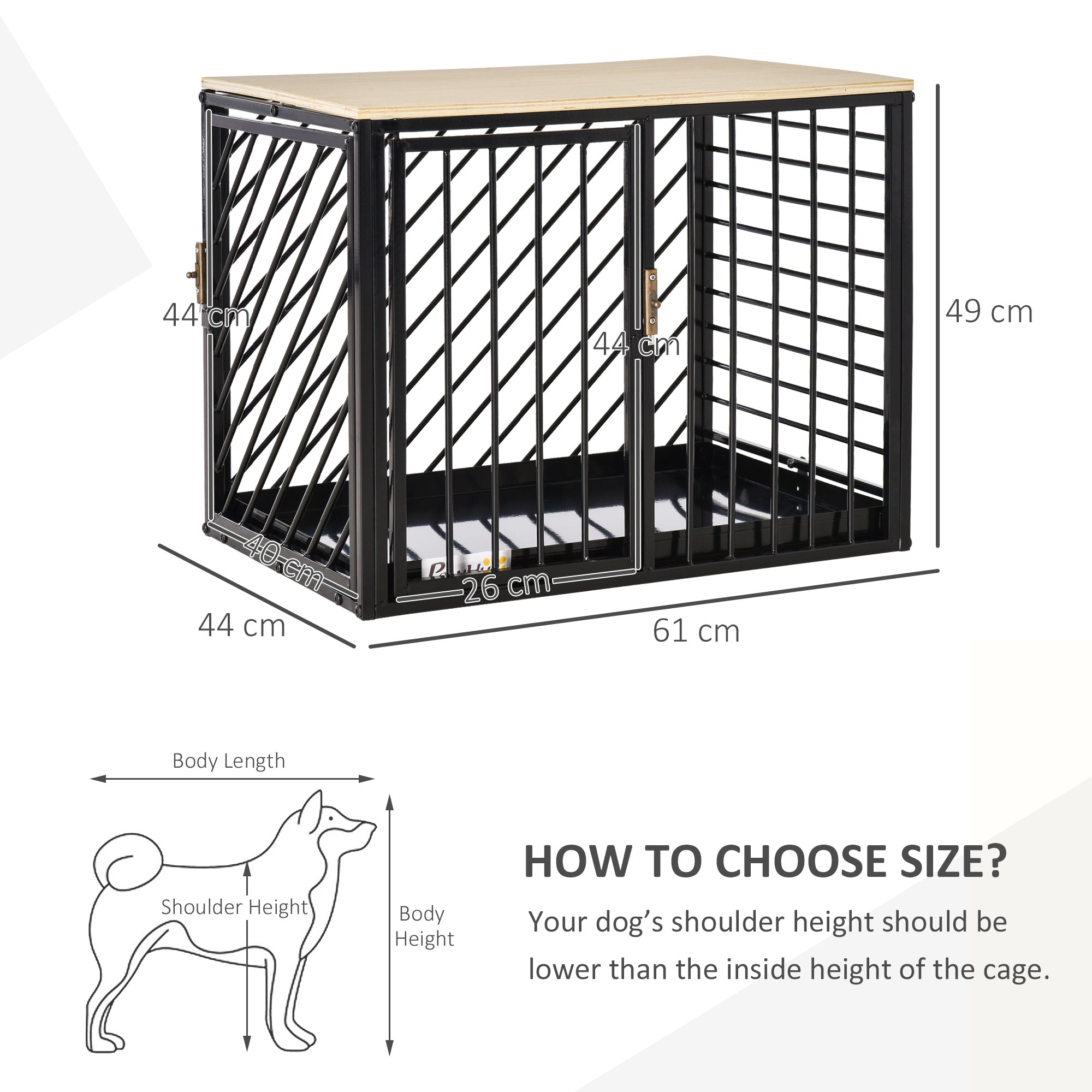 PawHut Heavy Duty Steel Dog Crate Mini Small Dog Kennel Two Doors Tray Large Top Pet Cage 61L x 44W x 49H cm
