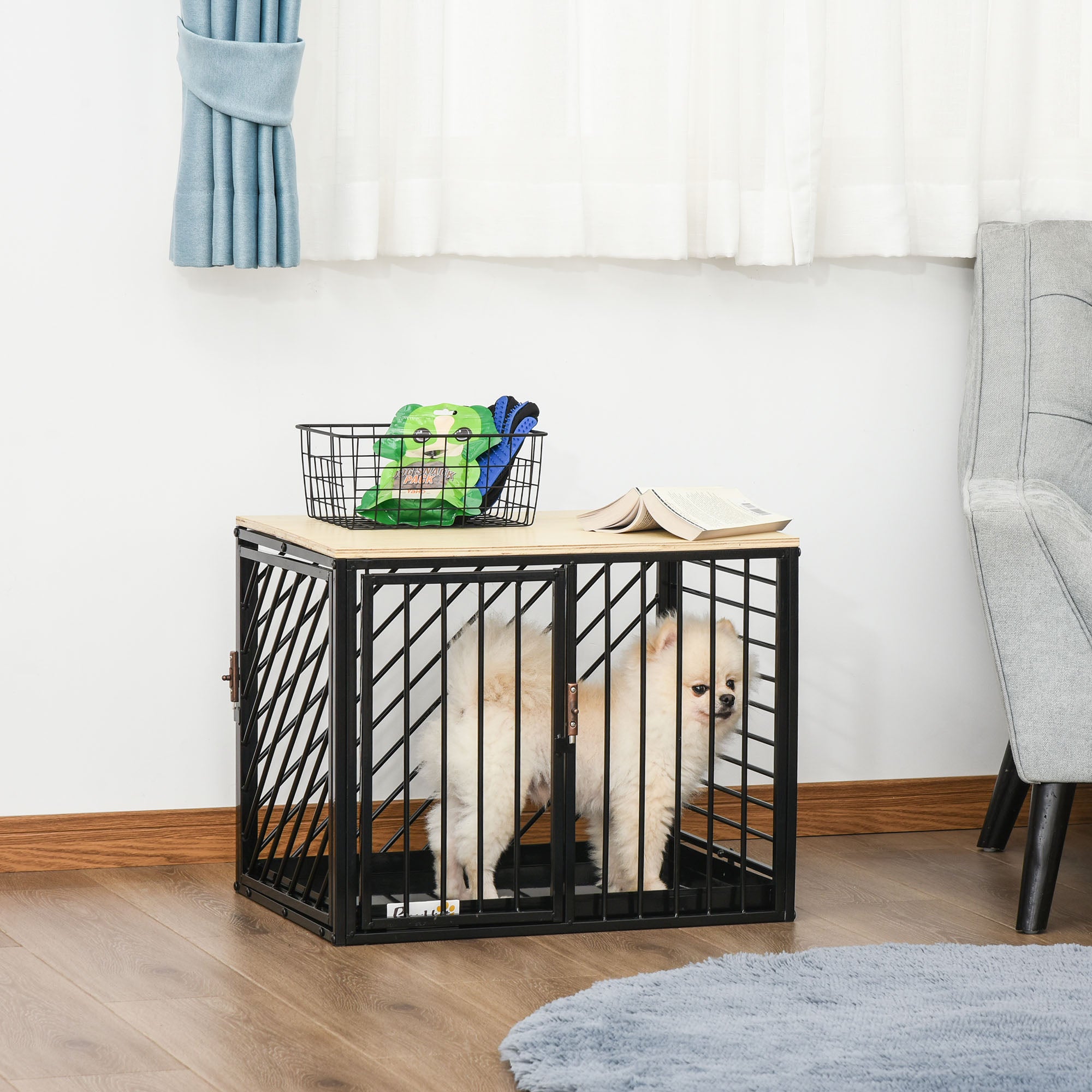 PawHut Heavy Duty Steel Dog Crate Mini Small Dog Kennel Two Doors Tray Large Top Pet Cage 61L x 44W x 49H cm