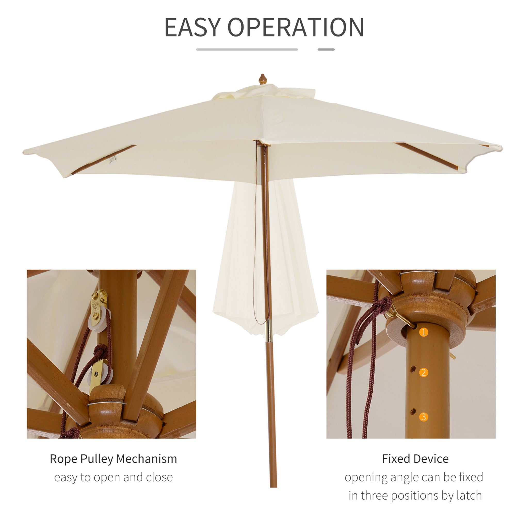 Outsunny 8FT Wood Patio Umbrella Round Market Umbrella Garden Parasol Canopy with Bamboo Ribs and Top Vent, Cream White