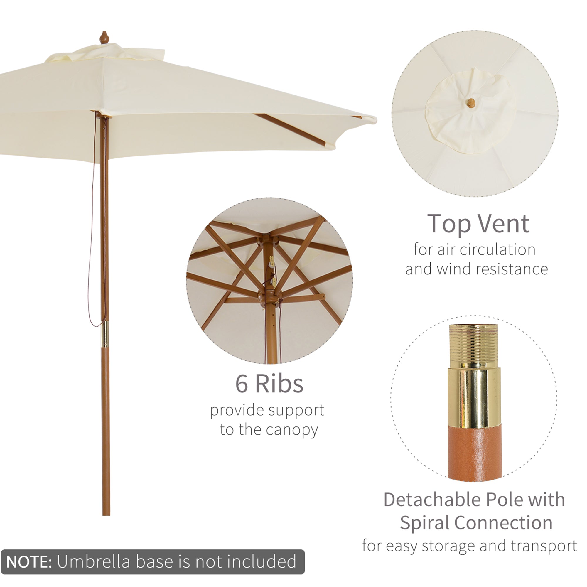 Outsunny 8FT Wood Patio Umbrella Round Market Umbrella Garden Parasol Canopy with Bamboo Ribs and Top Vent, Cream White