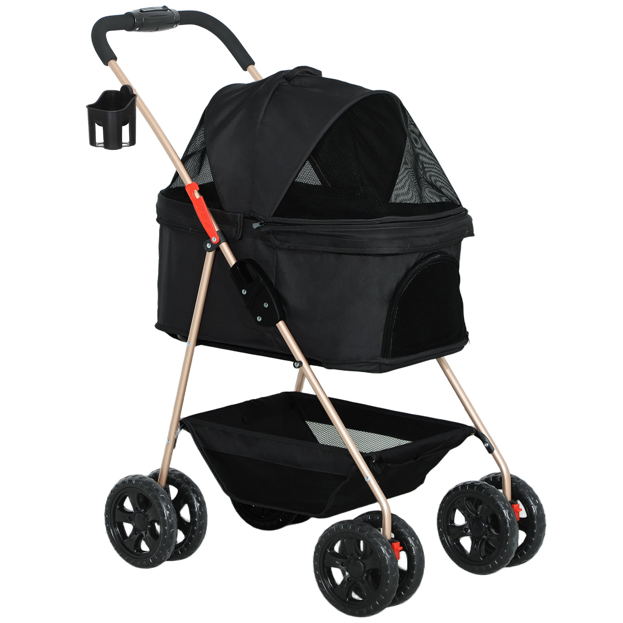 PawHut Pet Stroller, 3 in 1 Dog Pram 4 Wheels with Detachable Carrier, Folding Dog Stroller with Storage Basket, Cupholder, Safety Leashes, for Mini Dogs and Cats, Black