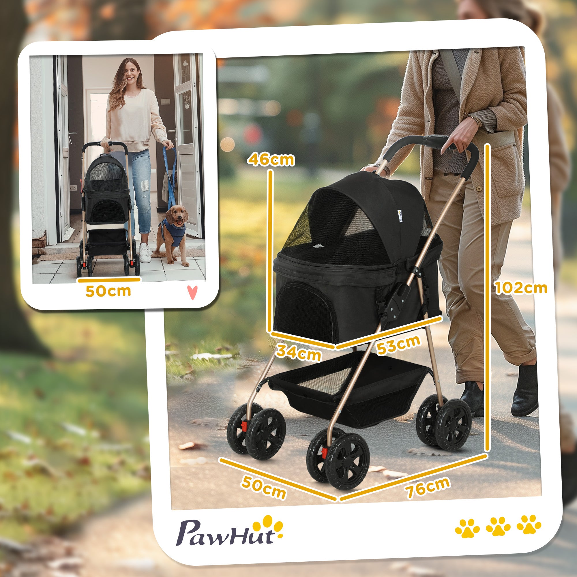 PawHut Pet Stroller, 3 in 1 Dog Pram 4 Wheels with Detachable Carrier, Folding Dog Stroller with Storage Basket, Cupholder, Safety Leashes, for Mini Dogs and Cats, Black