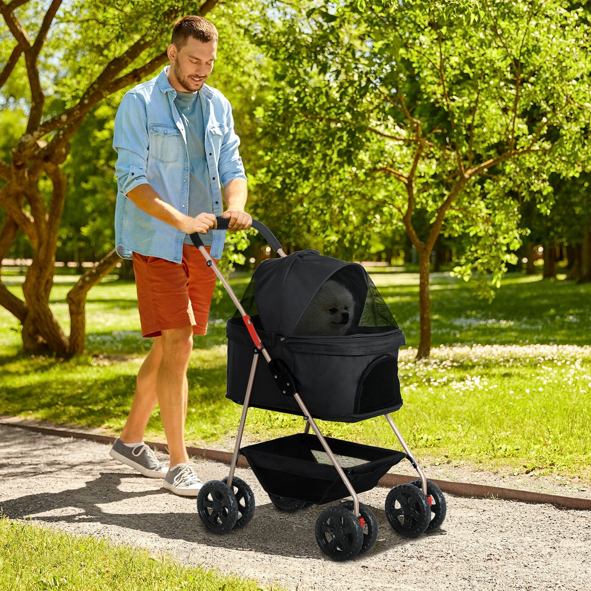 PawHut Pet Stroller, 3 in 1 Dog Pram 4 Wheels with Detachable Carrier, Folding Dog Stroller with Storage Basket, Cupholder, Safety Leashes, for Mini Dogs and Cats, Black