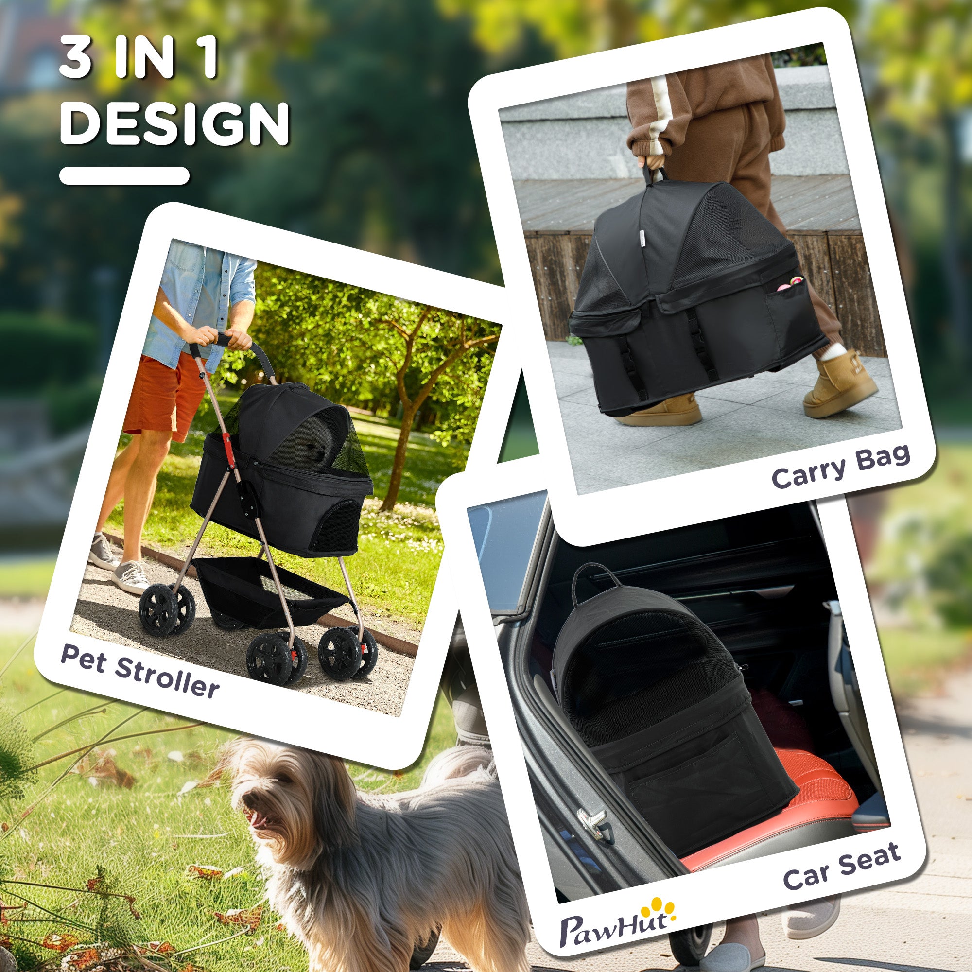 PawHut Pet Stroller, 3 in 1 Dog Pram 4 Wheels with Detachable Carrier, Folding Dog Stroller with Storage Basket, Cupholder, Safety Leashes, for Mini Dogs and Cats, Black