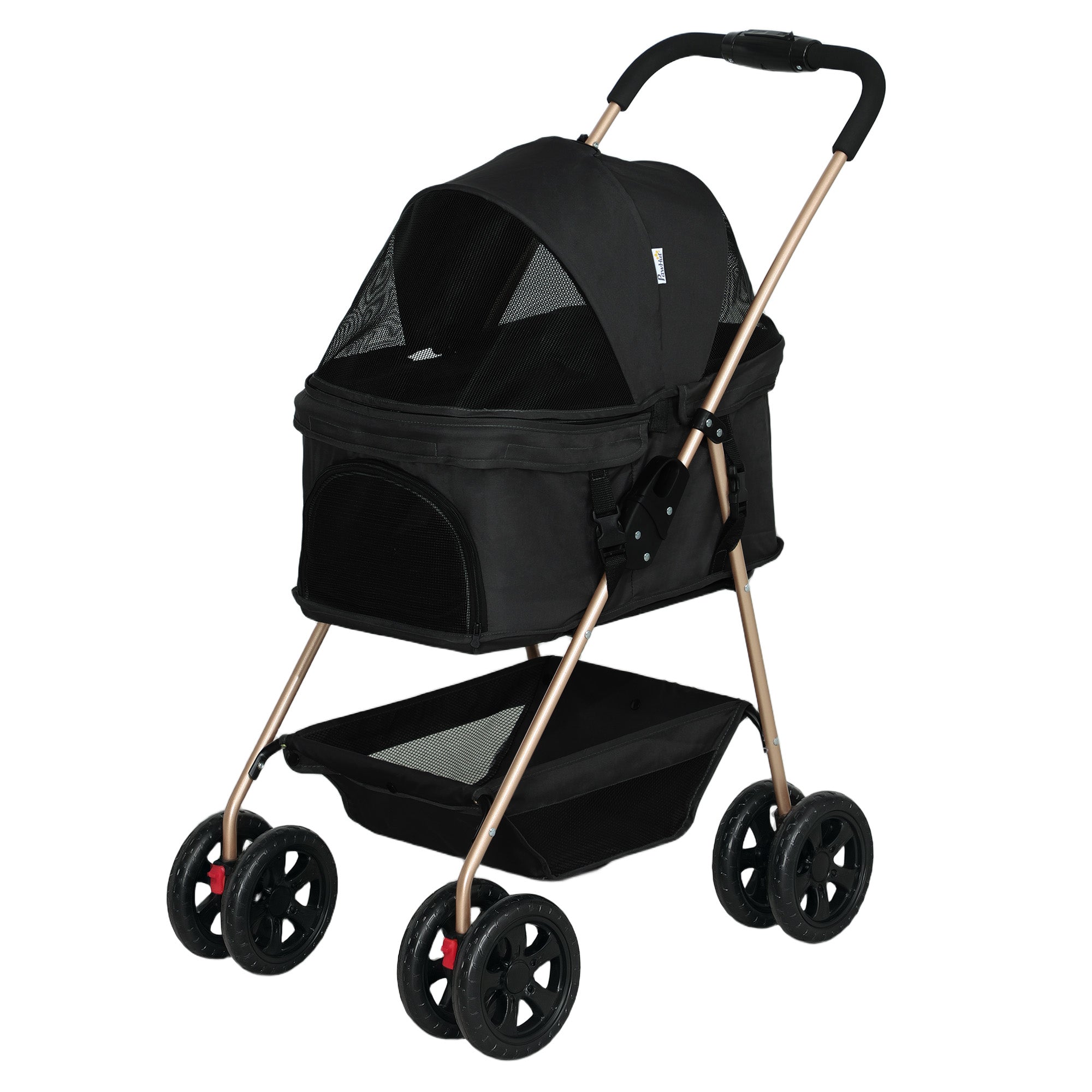 PawHut Pet Stroller, 3 in 1 Dog Pram 4 Wheels with Detachable Carrier, Folding Dog Stroller with Storage Basket, Cupholder, Safety Leashes, for Mini Dogs and Cats, Black