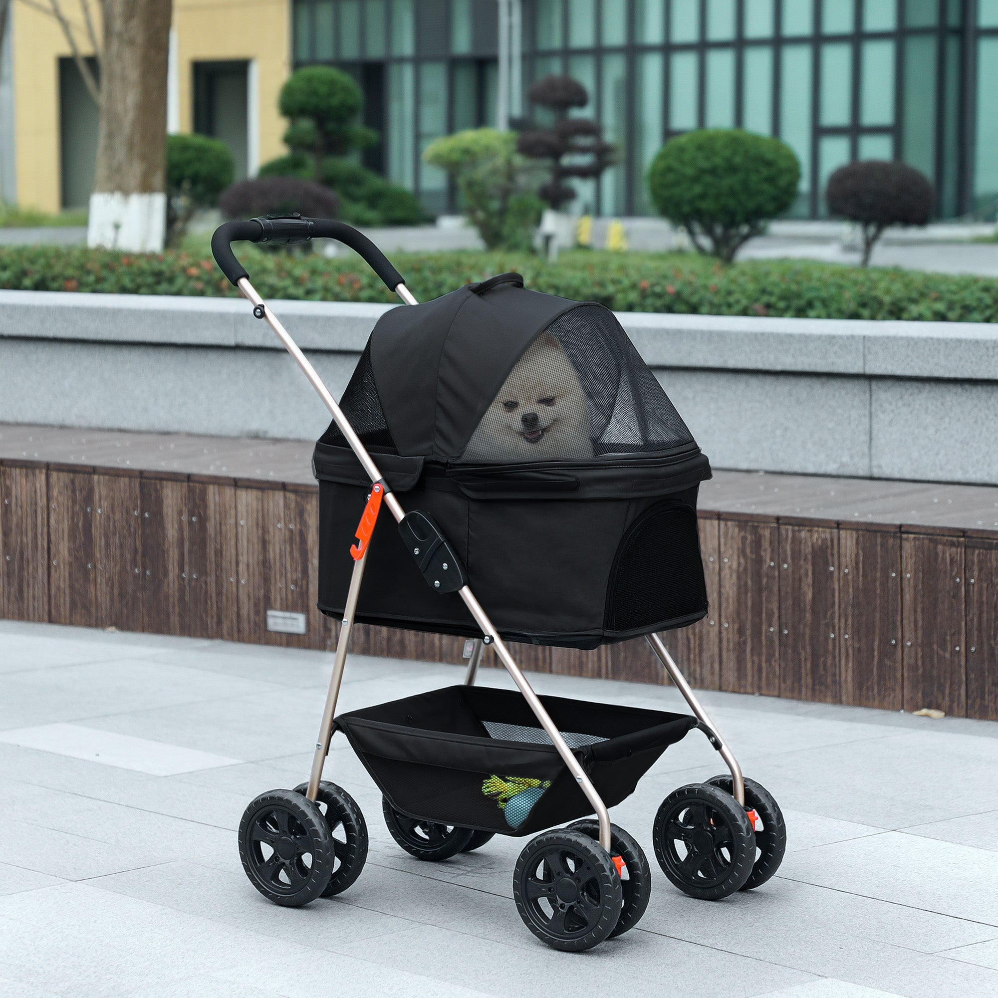 PawHut Pet Stroller, 3 in 1 Dog Pram 4 Wheels with Detachable Carrier, Folding Dog Stroller with Storage Basket, Cupholder, Safety Leashes, for Mini Dogs and Cats, Black