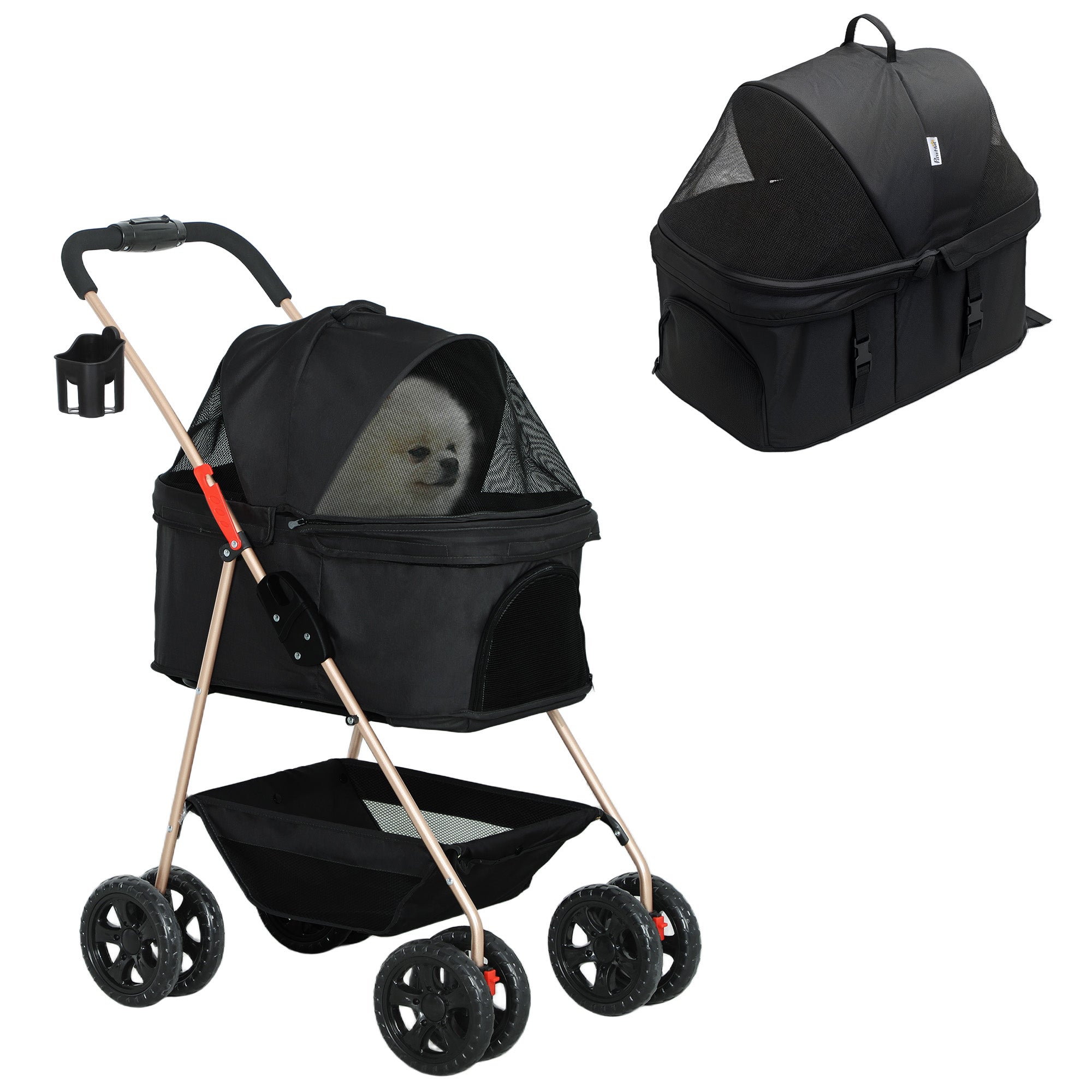 PawHut Pet Stroller, 3 in 1 Dog Pram 4 Wheels with Detachable Carrier, Folding Dog Stroller with Storage Basket, Cupholder, Safety Leashes, for Mini Dogs and Cats, Black