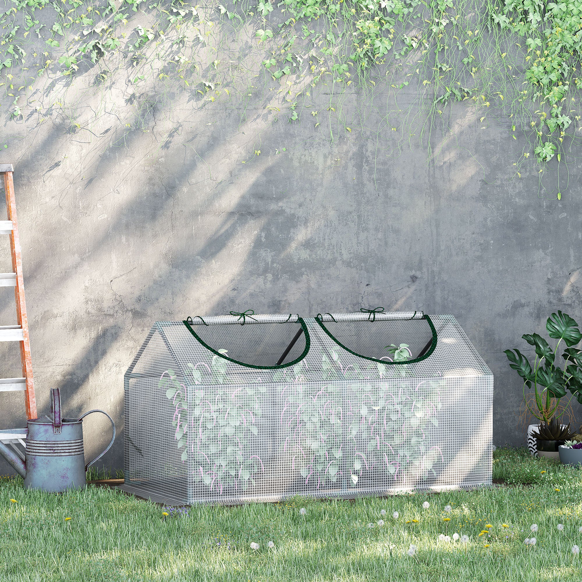 Outsunny 47" x 24" x 24" Portable Mini Tunnel Greenhouse Garden Planting Outdoor Flower Warm House Box with 2 Windows Steel Frame PE Cover, White