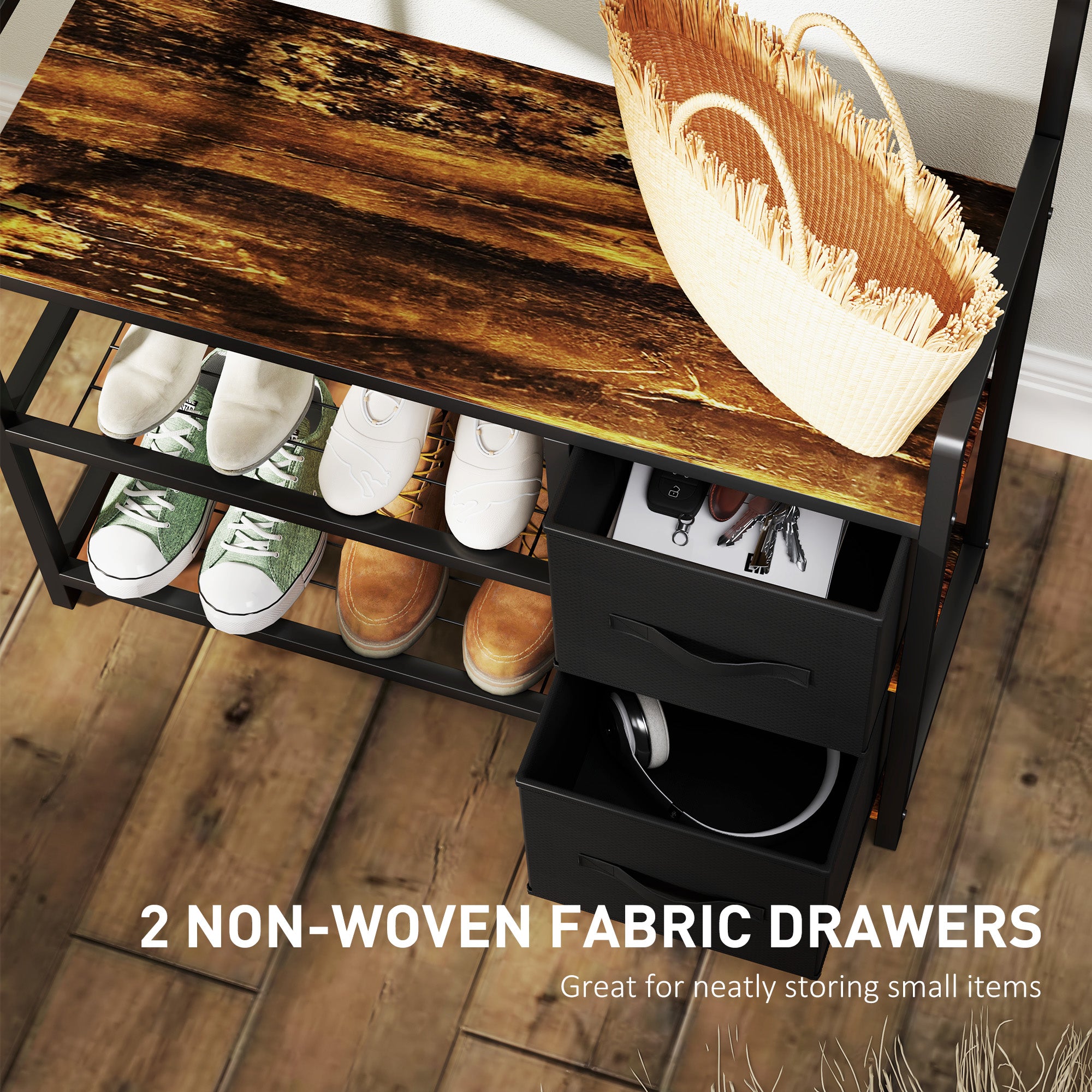 HOMCOM Coat Rack with 2 Fabric Drawers, Modern 4-in-1 Hall Tree with Entryway Bench, 15 Hooks for Hallway, Living Room and Bedroom, Rustic Brown