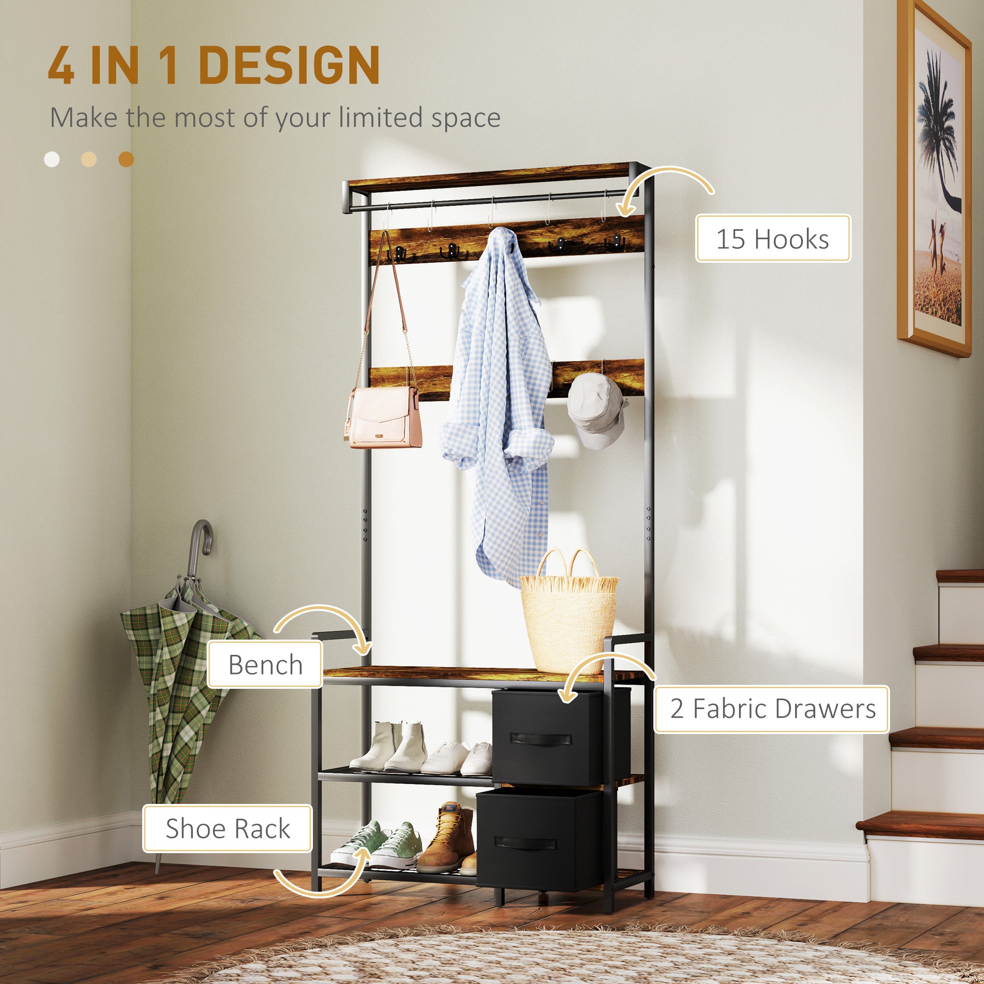HOMCOM Coat Rack with 2 Fabric Drawers, Modern 4-in-1 Hall Tree with Entryway Bench, 15 Hooks for Hallway, Living Room and Bedroom, Rustic Brown