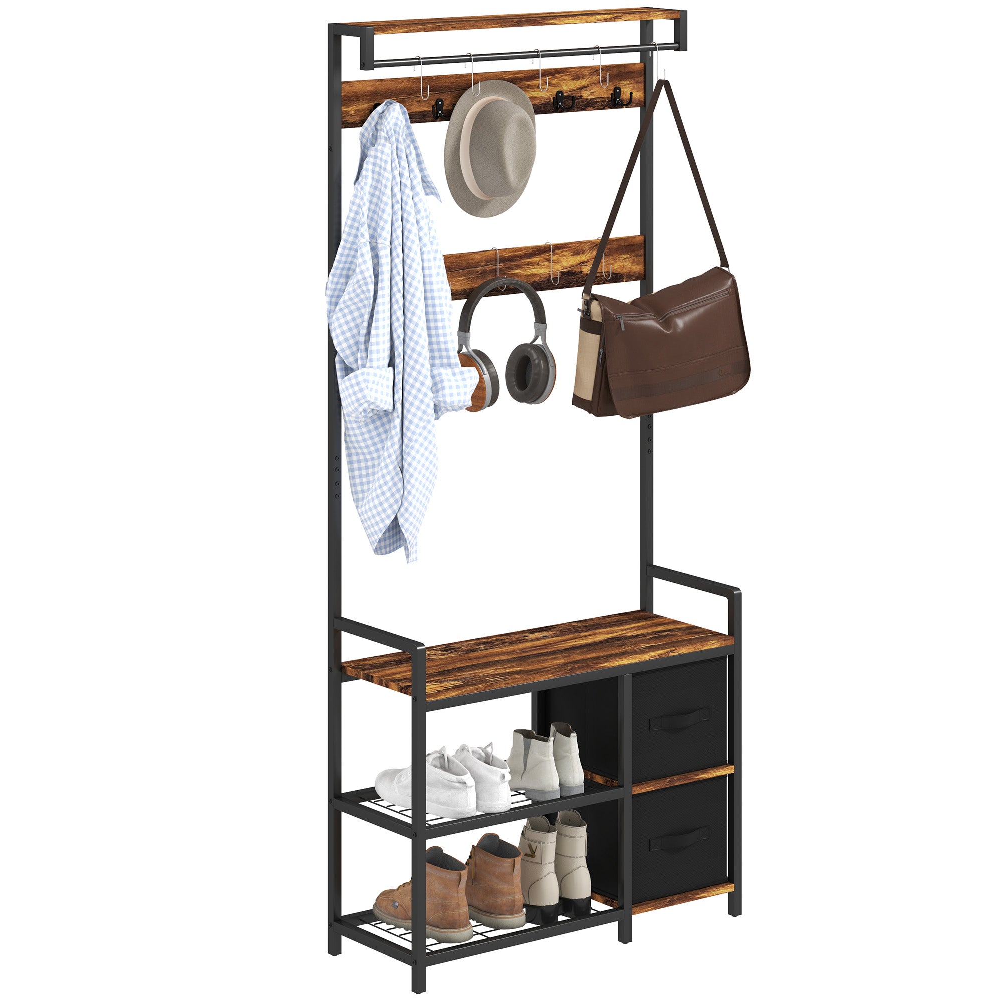 HOMCOM Coat Rack with 2 Fabric Drawers, Modern 4-in-1 Hall Tree with Entryway Bench, 15 Hooks for Hallway, Living Room and Bedroom, Rustic Brown